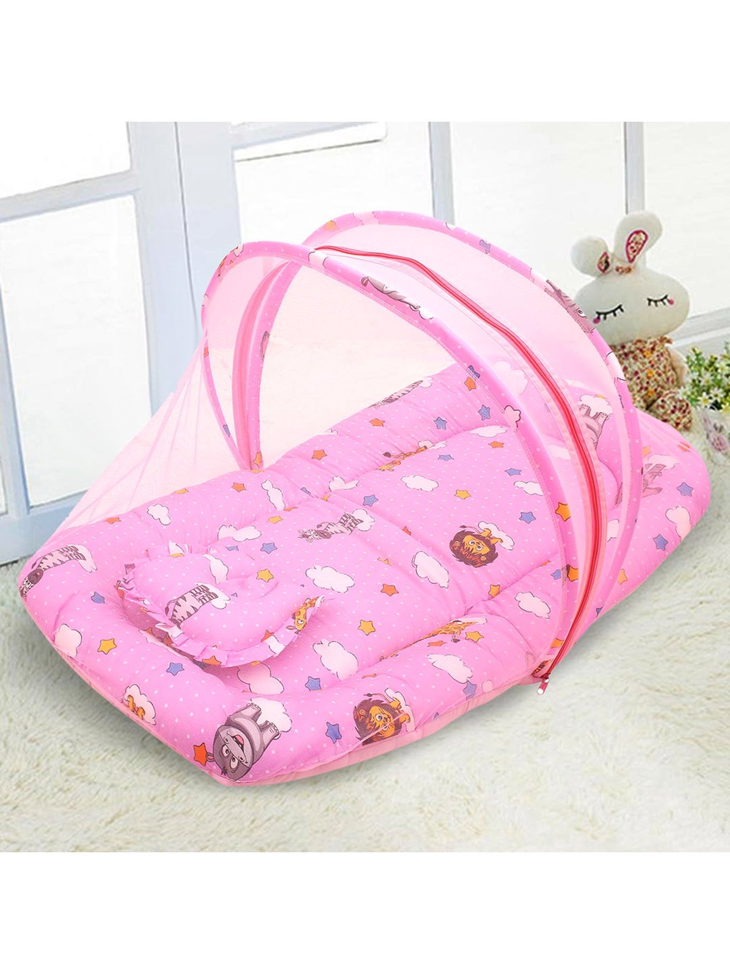 Baby Moo Tent Mattress Set with Neck Pillow Flying Animals Pink