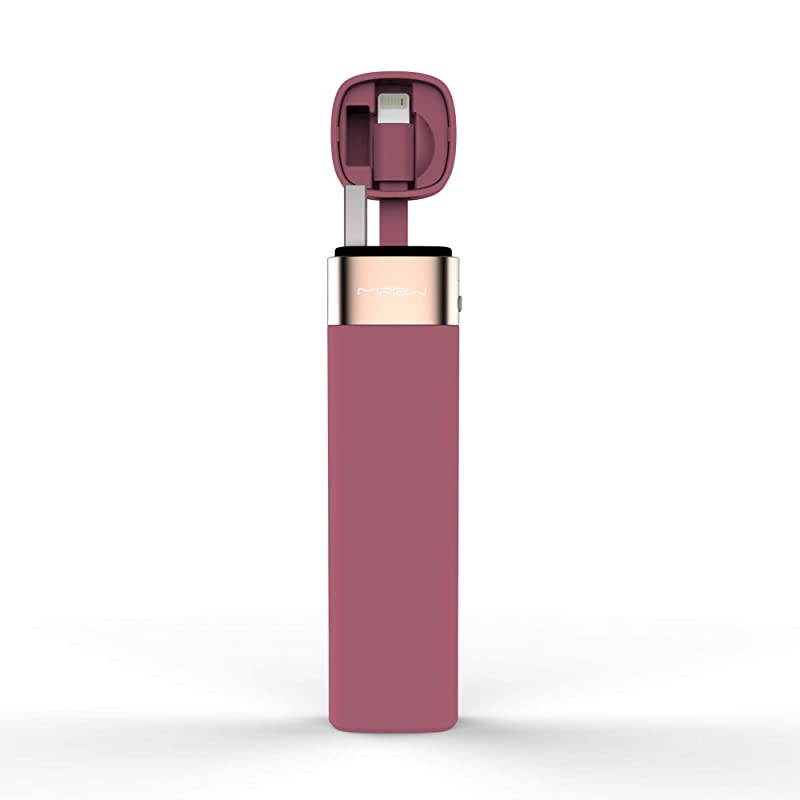 Mini 3000mAh Portable Charger Slim Lipstick External Battery Pack Stylish Power Bank with Builtin Apple MFi Certified Lightning Cable for iPhone Airpods iPad Red