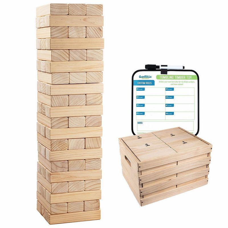 Giantville Indoor Outdoor Backyard Giant 60 Piece Extra Jumbo Solid Pine Hardwood Tumbling Timber Block Toy Tower Game with Storage Crate