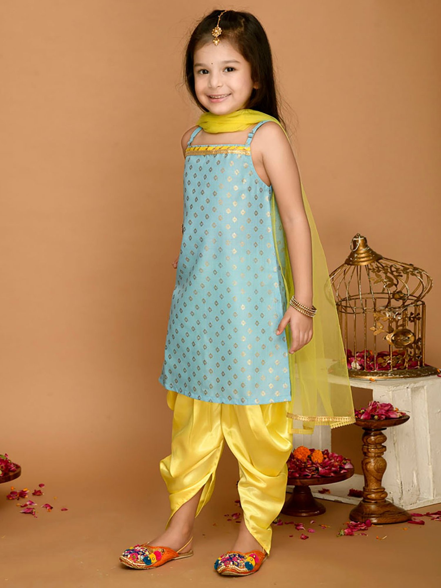 Saka Designs Kids Sky Blue & Yellow Printed Kurta with Dhoti & Dupatta