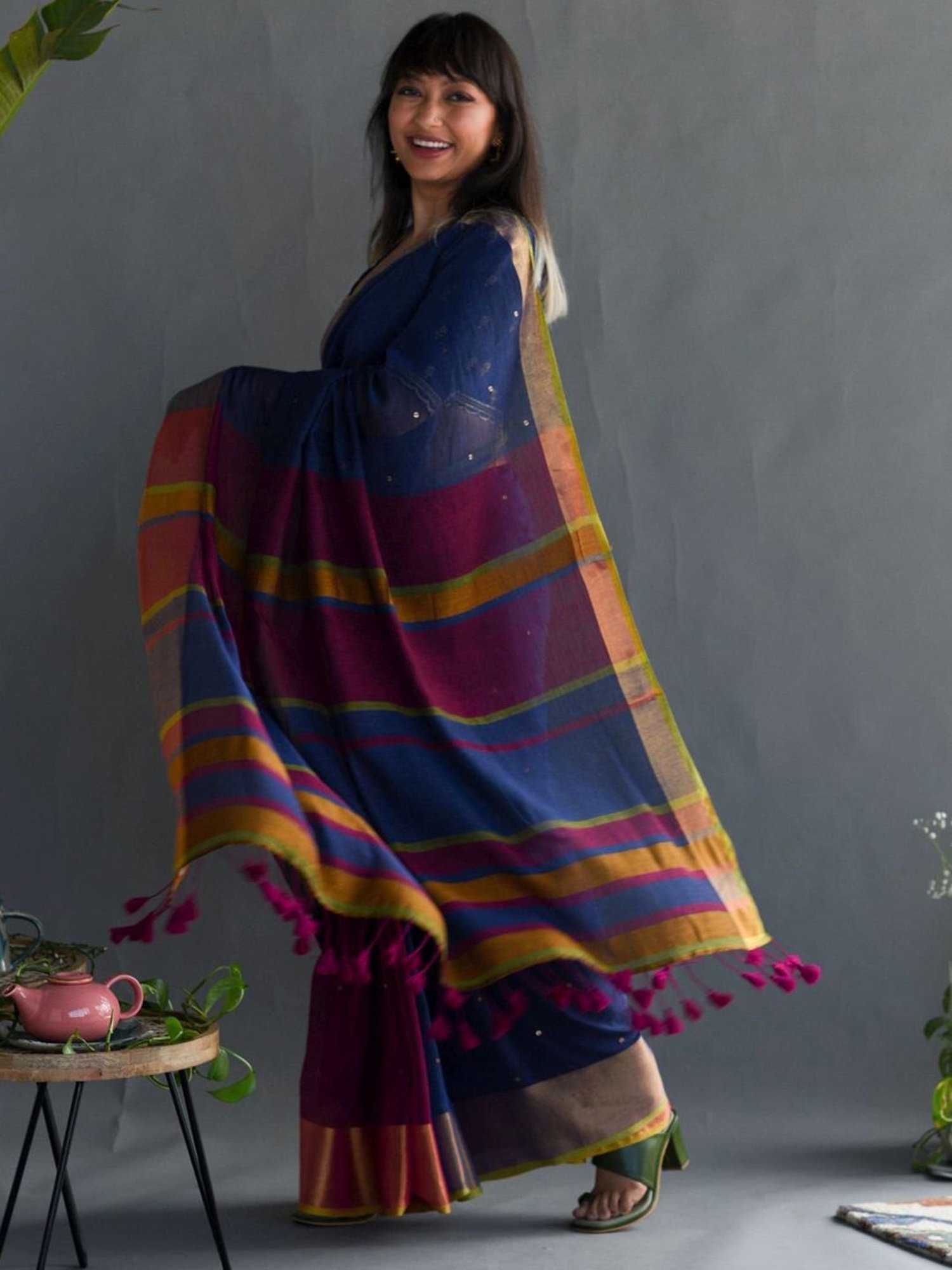 Suta Blue & Pink Cotton Embellished Saree Without Blouse