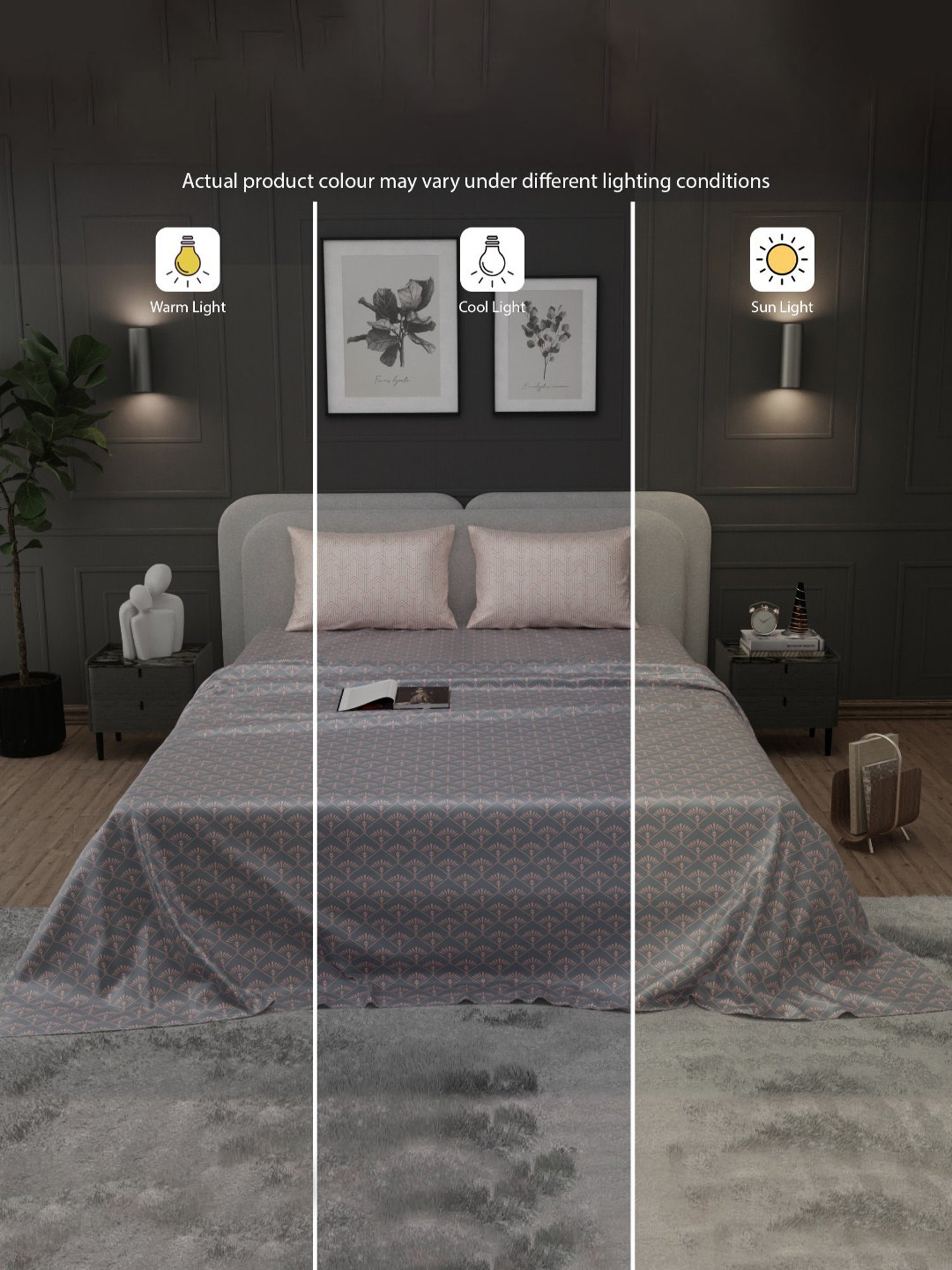 Stoa Paris Elegance Grey Polyester 300 TC Sateen King Size Bed Sheet With 2 Pillow Covers