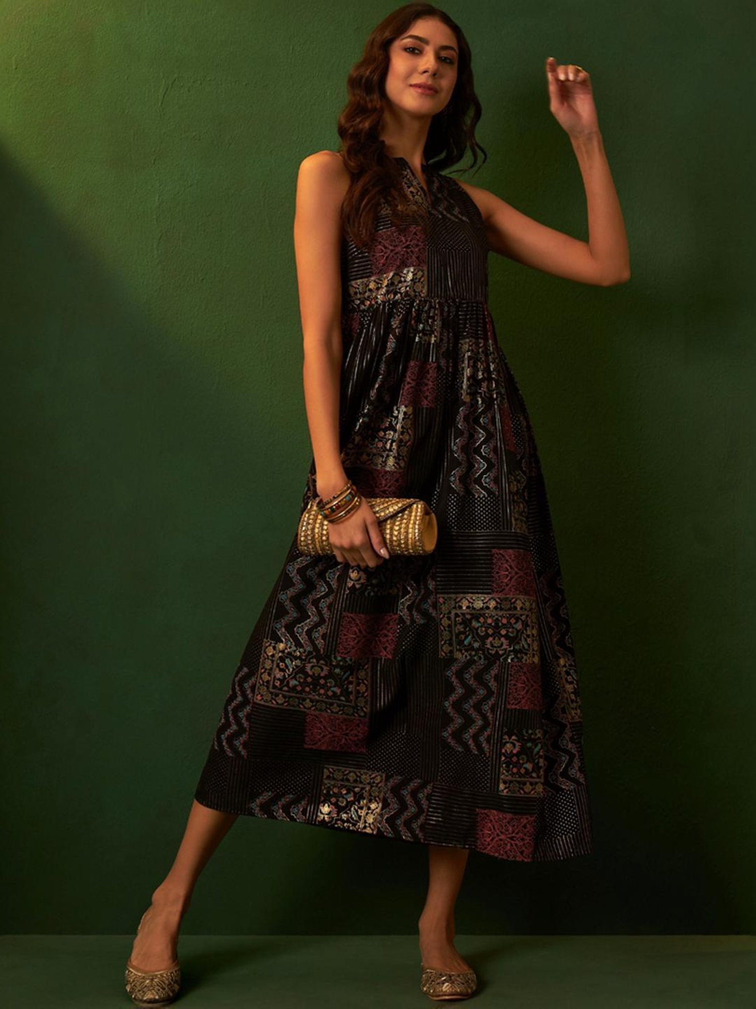 Ziyaa Black Printed A-Line Dress