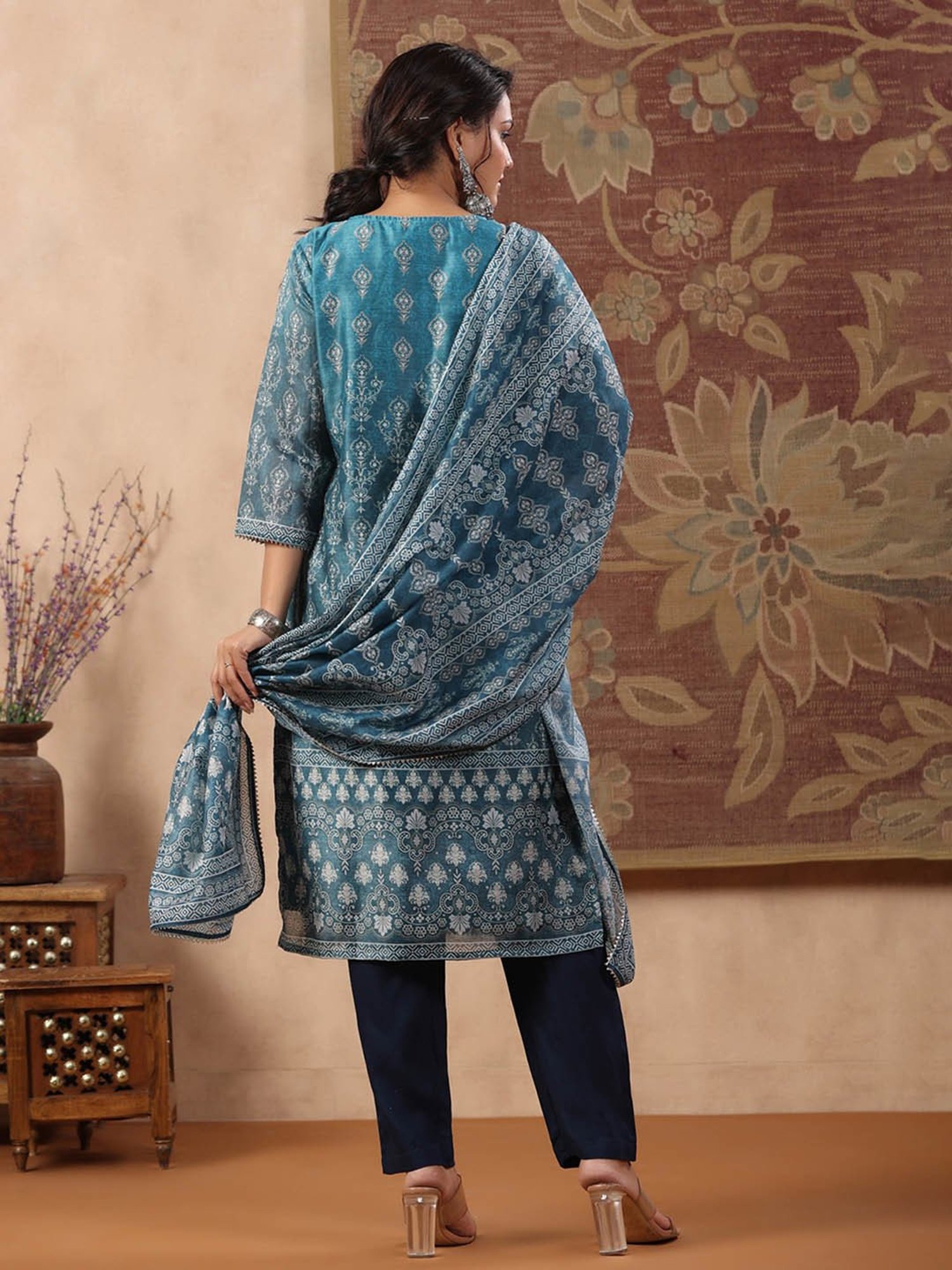 Rain and Rainbow Blue Motifs Print Kurta With Pant & Dupatta