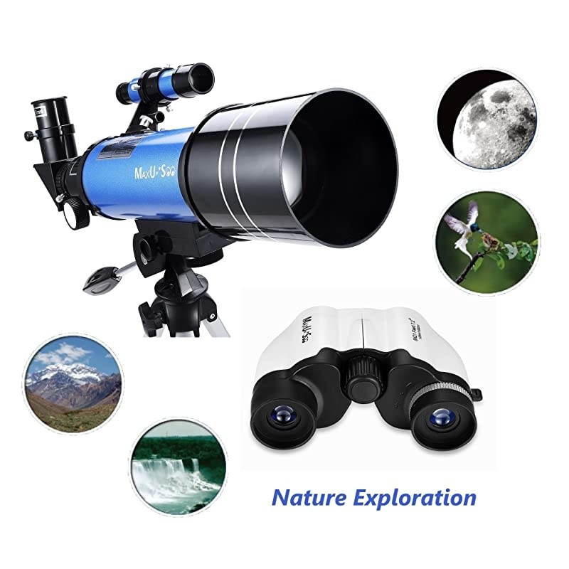 70mm Refractor Telescope + 8X21 Compact HD Binoculars for Kids and Astronomy Beginners, Travel Telescope for Moon Stars Viewing Bird Watching Sightseeing