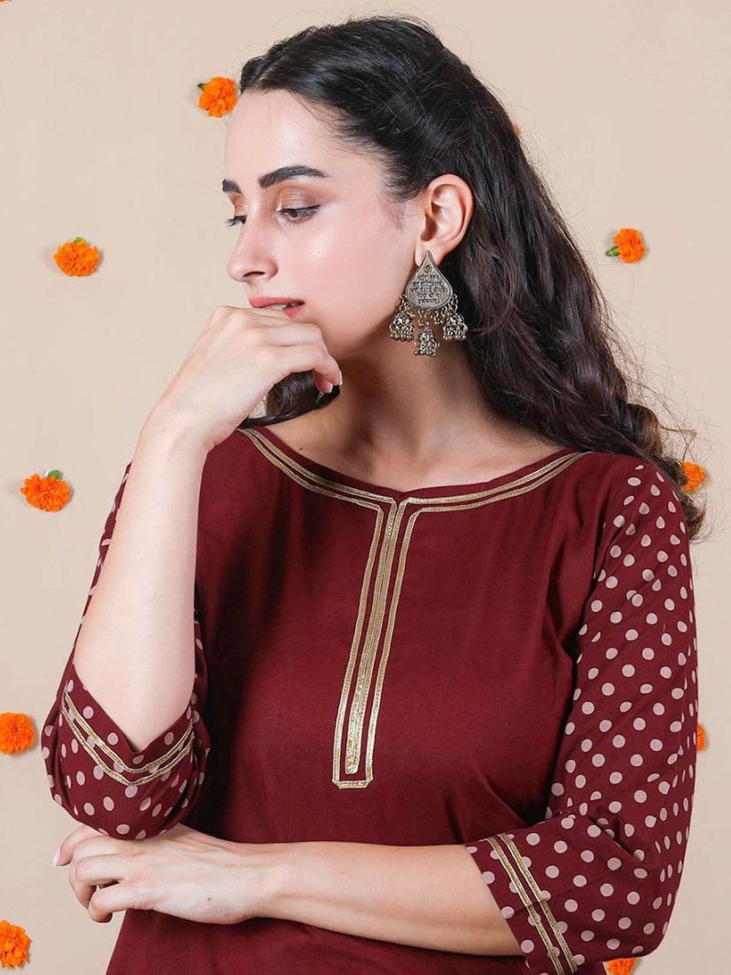 Rustorange Maroon Polka Asymmetric Kurta & Dhoti Set