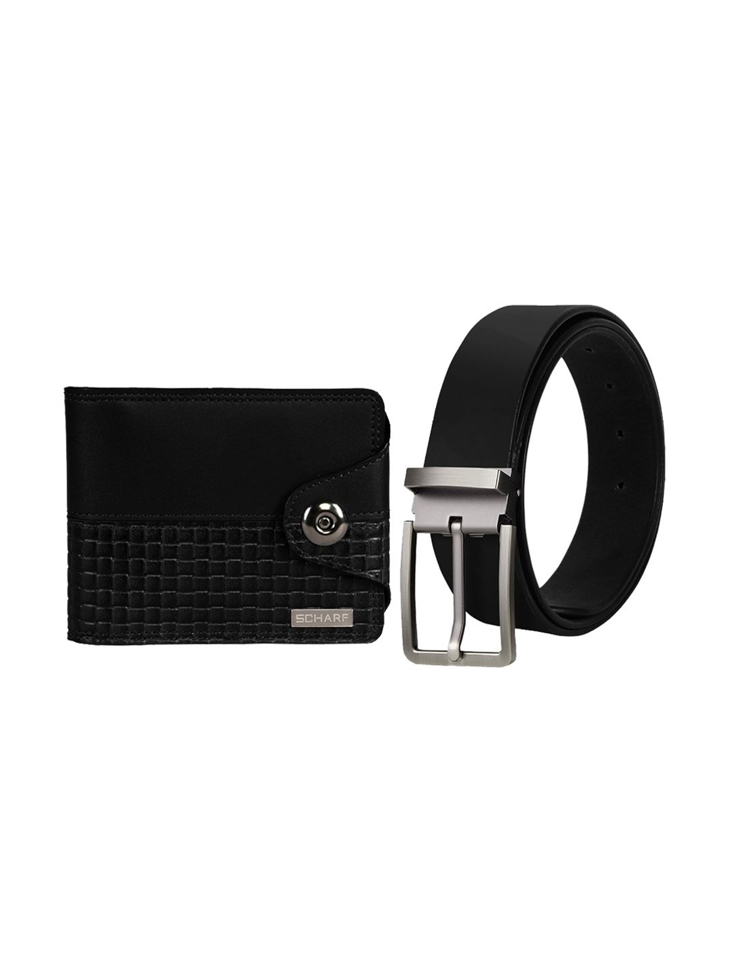 Scharf Black Leather Set Of Waist Belt And Wallet For Men