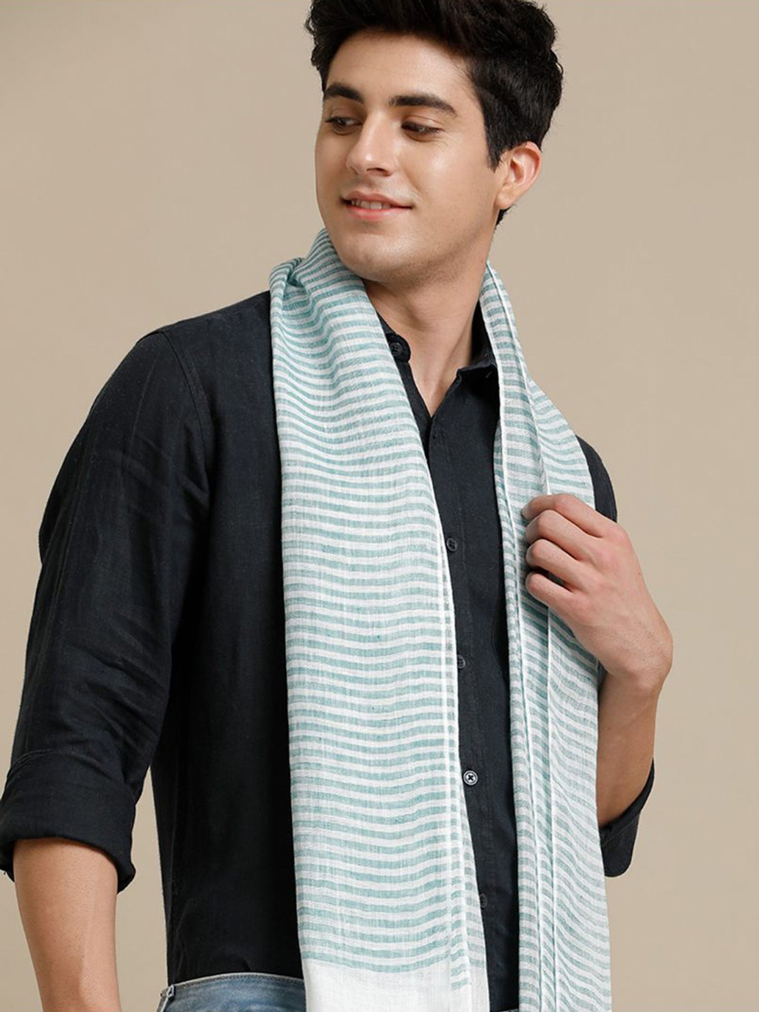 Linen Club Turquoise Blue Striped Pure Linen Stole