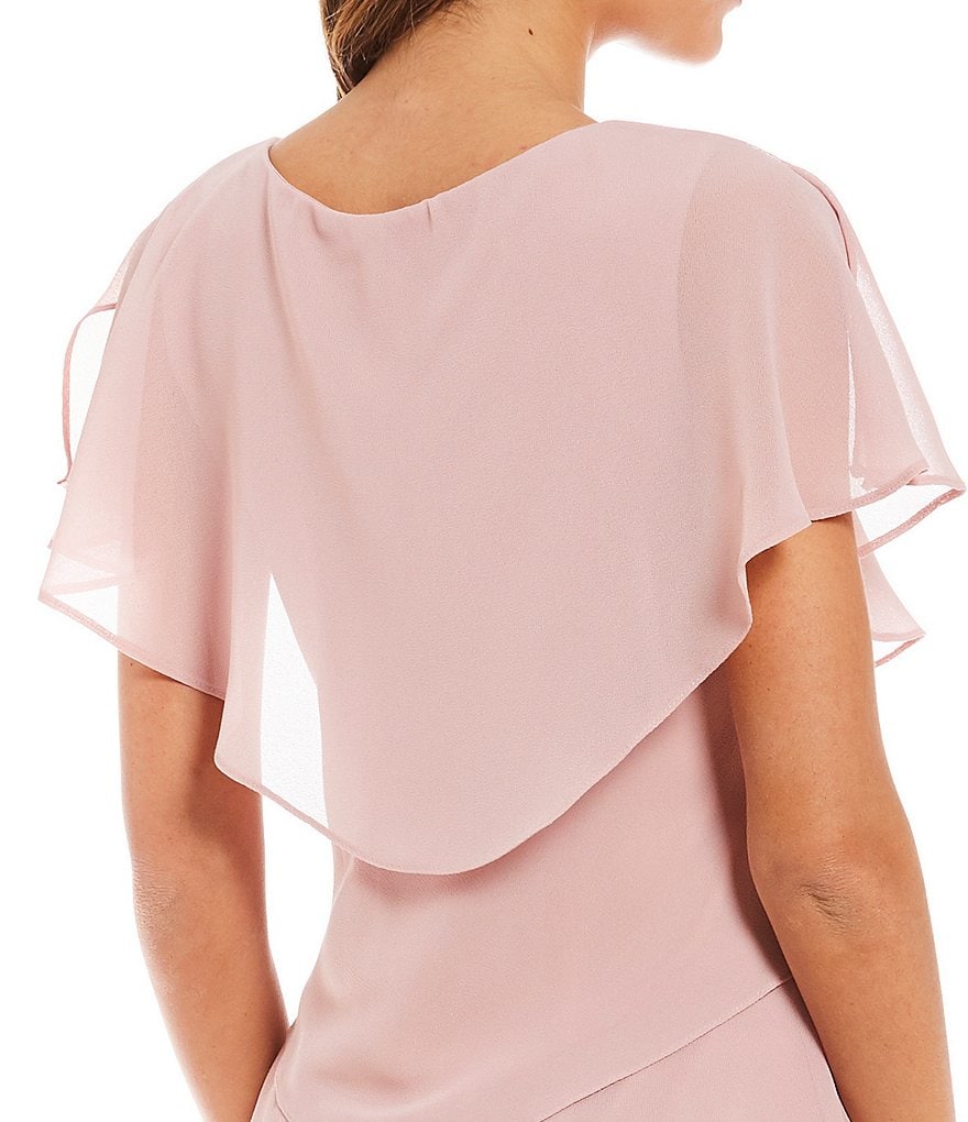 Kay Unger Long Bishop Sleeve V-Neck Crepe A-Line Dress