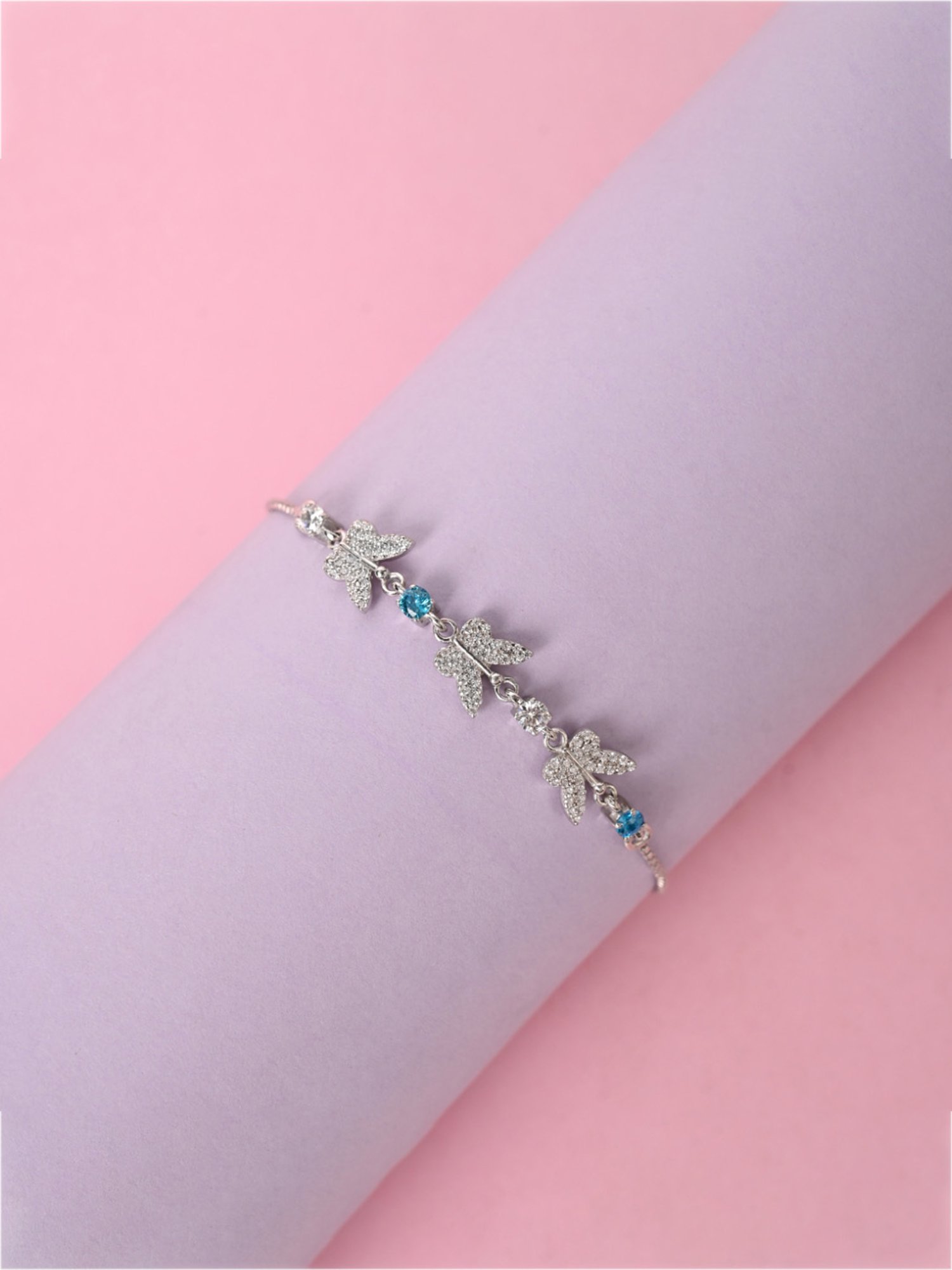 Clara 92.5 Sterling Silver Adjustable Anti Tarnish Swiss Zirconia Blue Butterfly Bracelet for Women