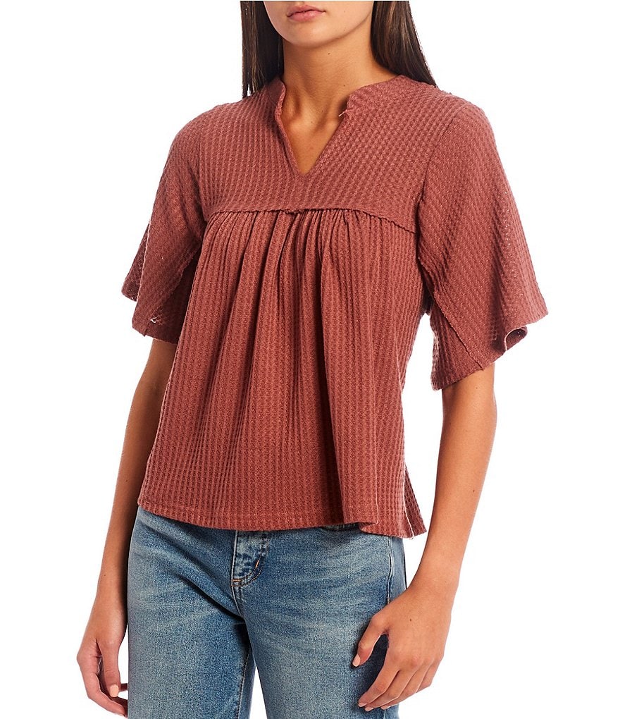 Honey & Sparkle Flutter Sleeve Waffle Knit Top