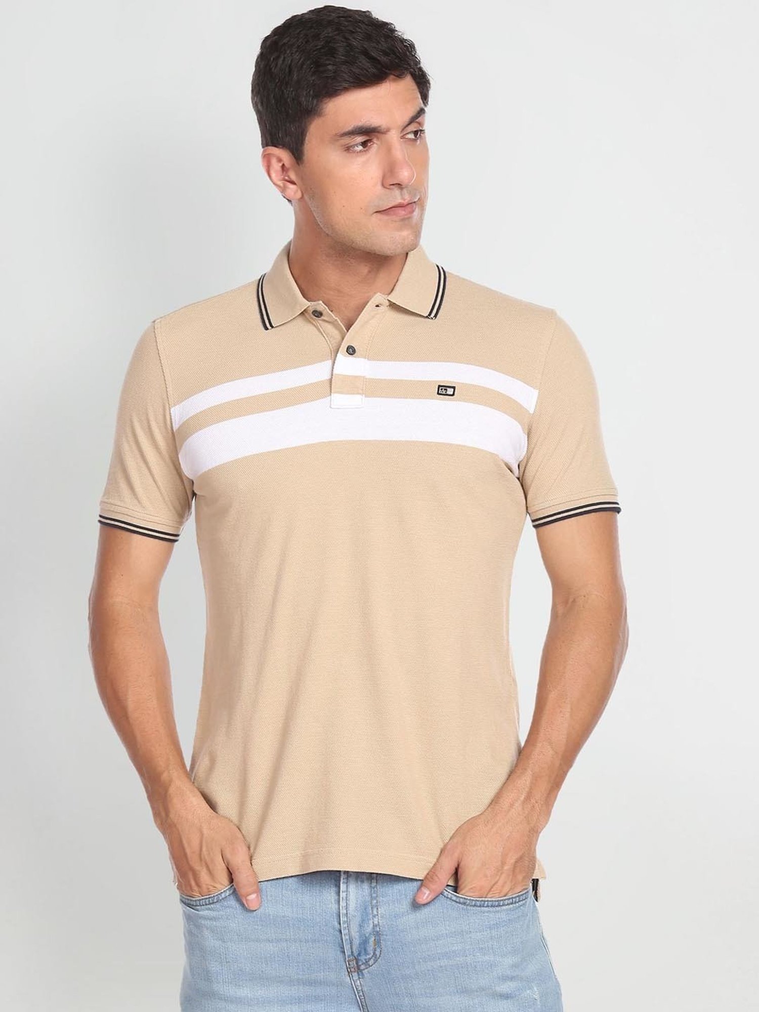 Arrow Sport Beige Cotton Regular Fit Striped Polo T-Shirt