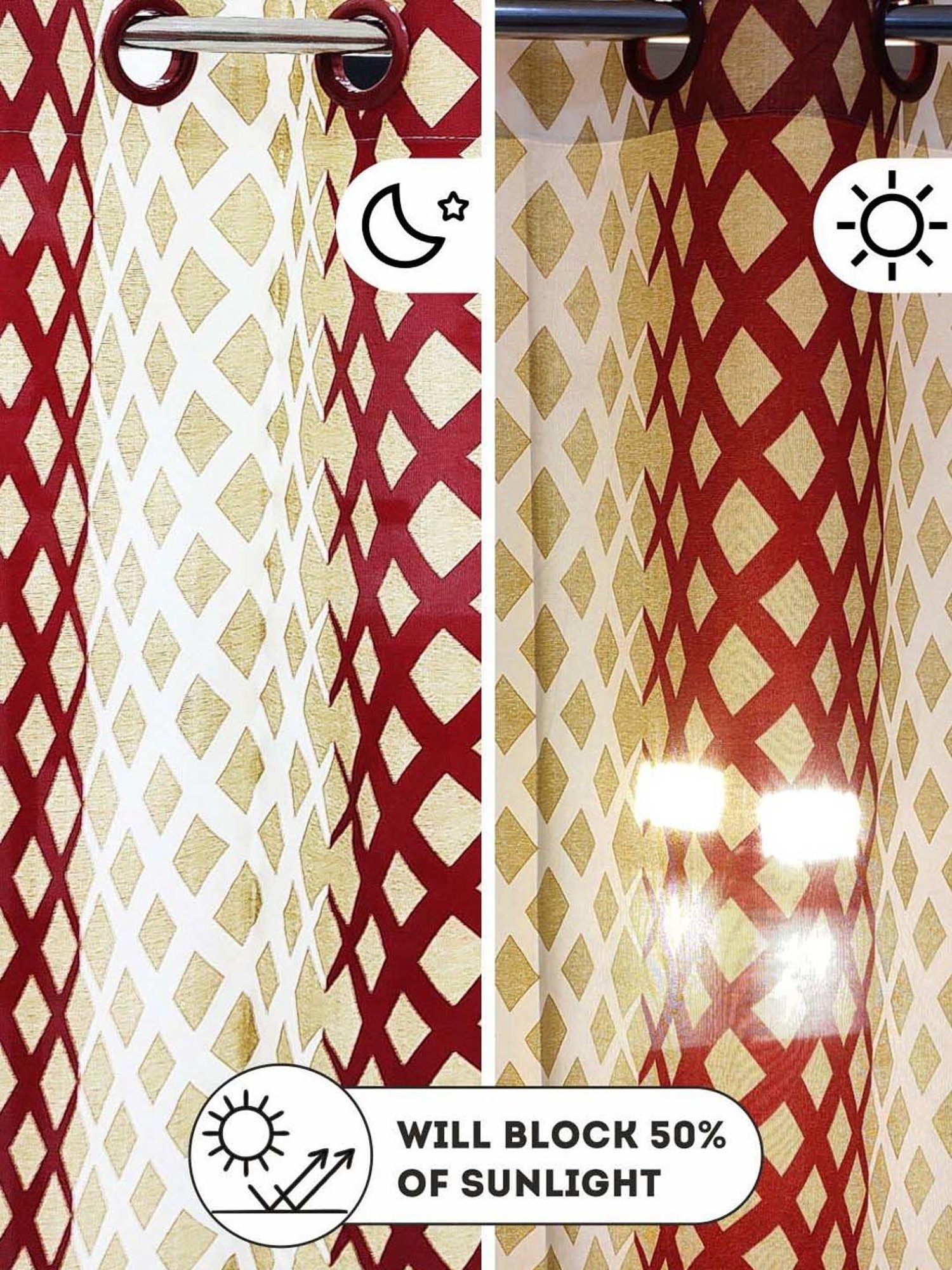 Bianca SANTORO Beige & Maroon Faux Silk 5 Ft. Window Curtain - Set of 2