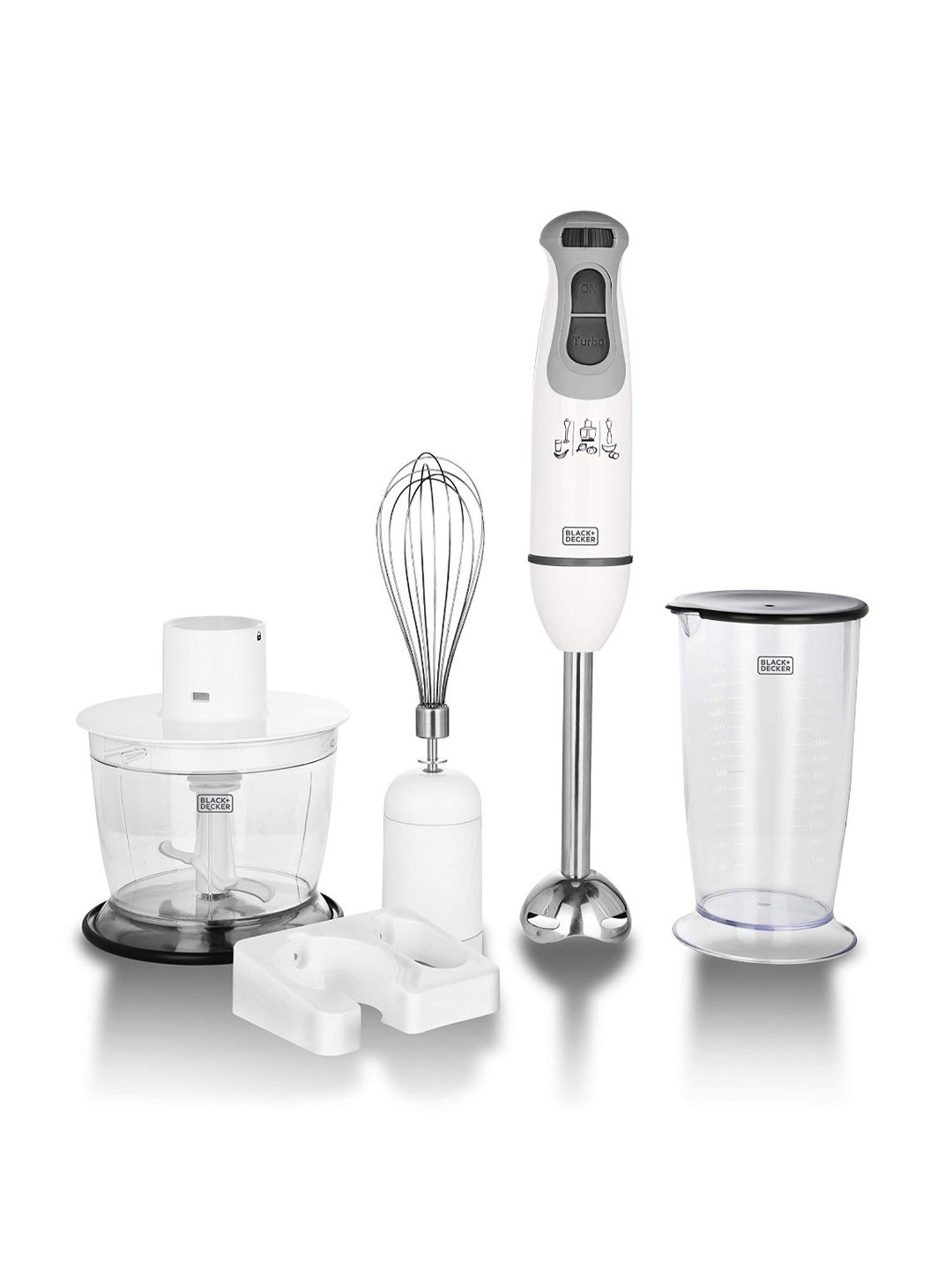 BLACK+DECKER BXBL6002IN Hand Blender 600W with Chopper, Whisk, Cup and Wall Rack (White)