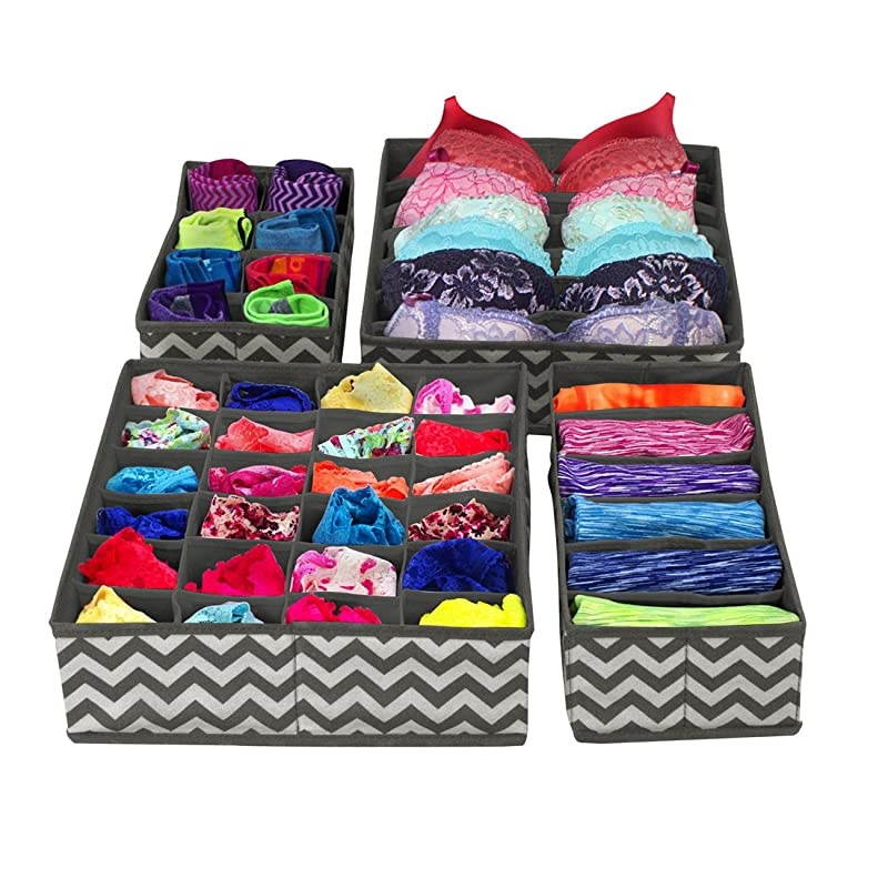 Set of 4 Foldable Drawer Dividers, Storage Boxes, Closet Organizers, Under Bed Organizer (Gray Chevron Pattern)
