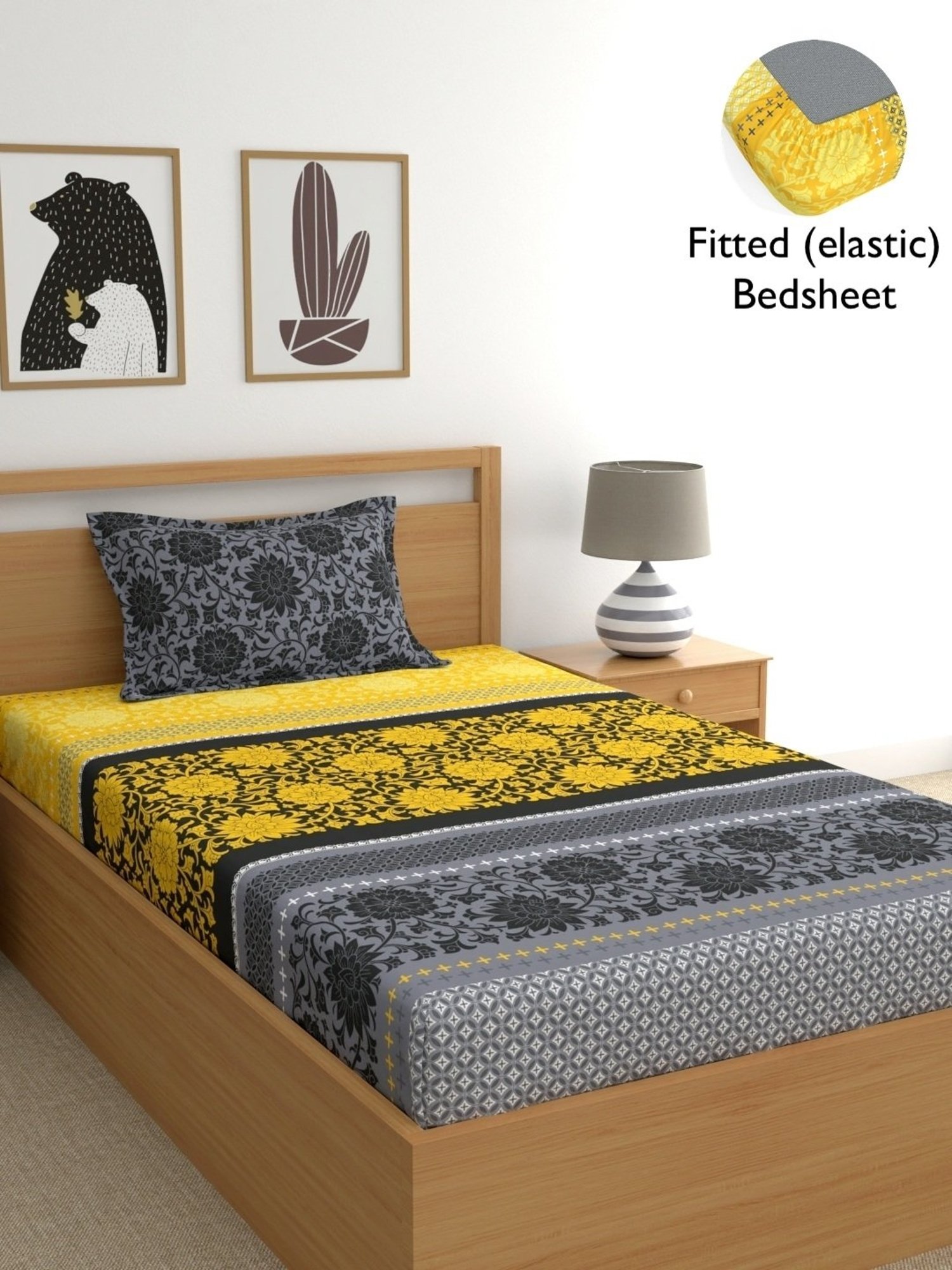 Dreamscape Floral Yellow 140 TC Cotton Single Bedsheet with Pillow Cover