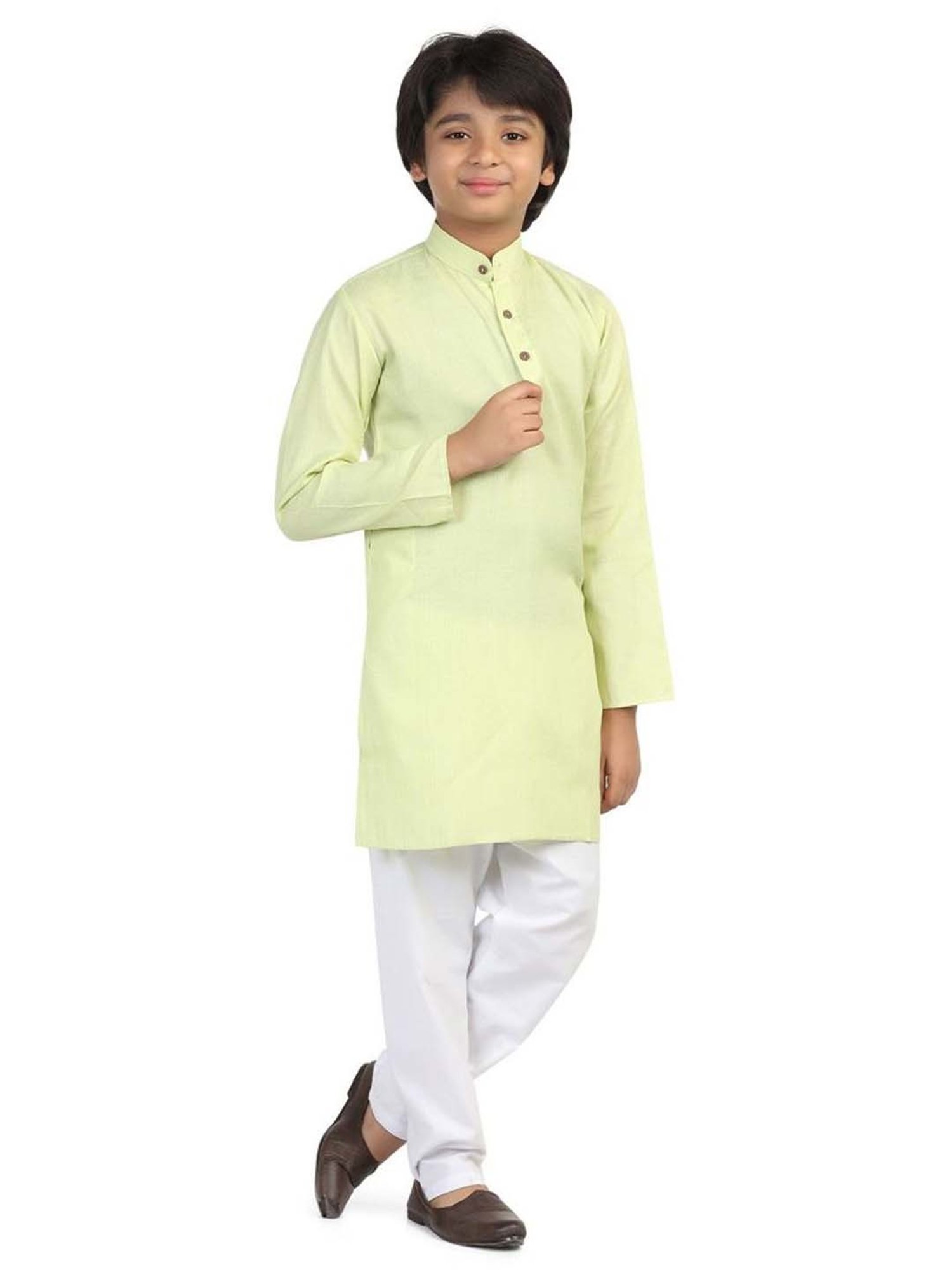 TAHVO Kids Green & White Slim Fit Full Sleeves Kurta Set