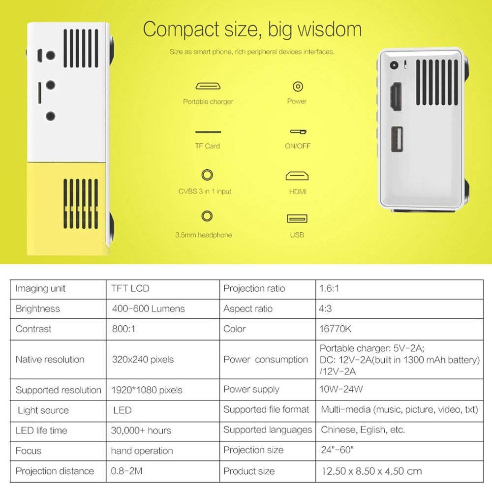 Blueskysea Protable YG300 Mini LED Projector 400-600LM Audio 320x240P HDMI USB AV SD Input Home Media Player