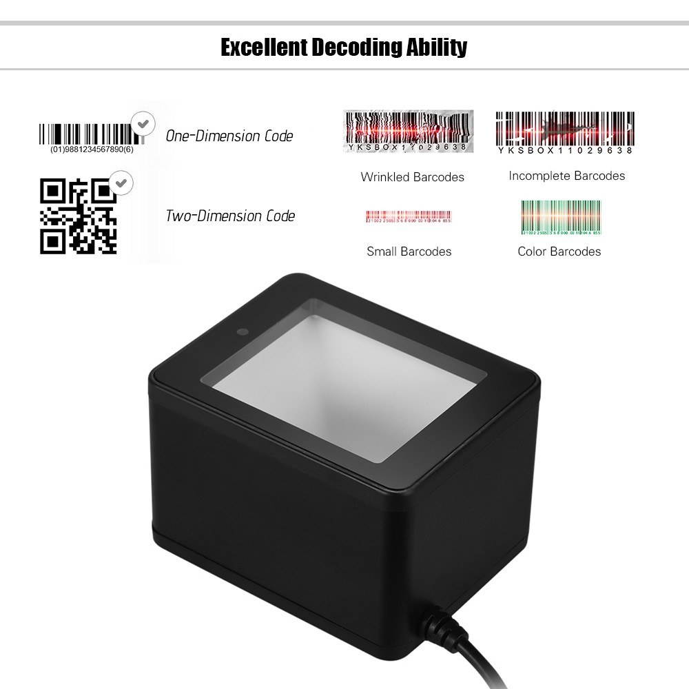 Desktop 1D/2D/QR Barcode Scanner USB Wired Bar Code Reader CMOS Image Hand-Free for Mobile Payment