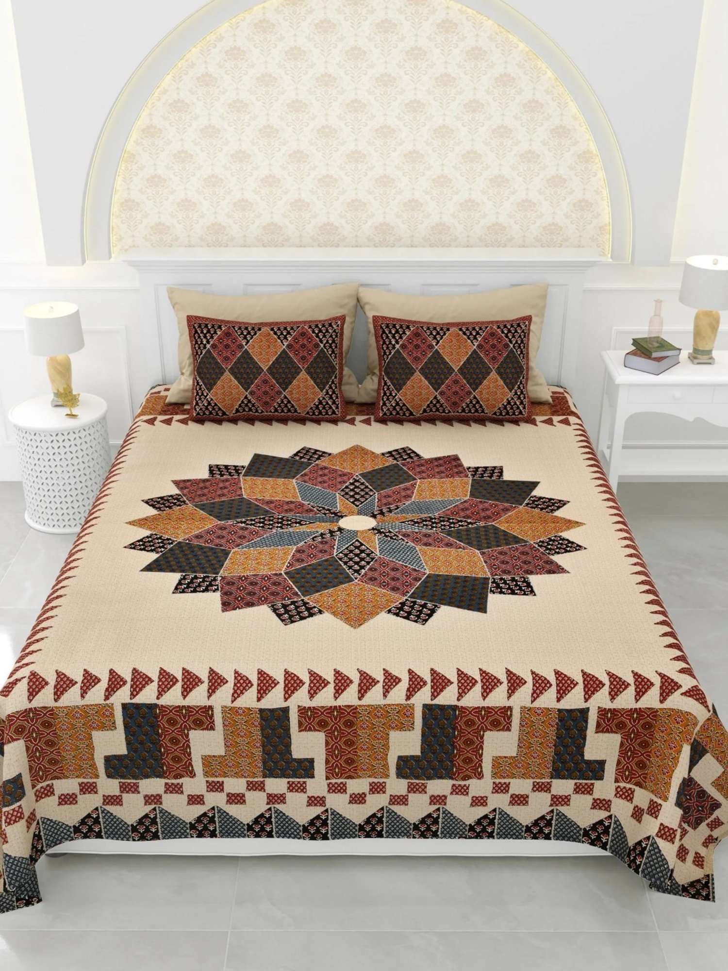 Living Roots Block print Brown 150 TC Cotton Bedsheet with 2 Pillow Covers