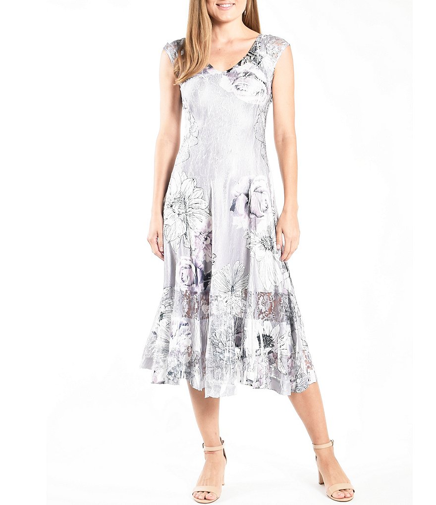 Komarov V-Neck Sleeveless Floral Print Charmeuse Midi Dress