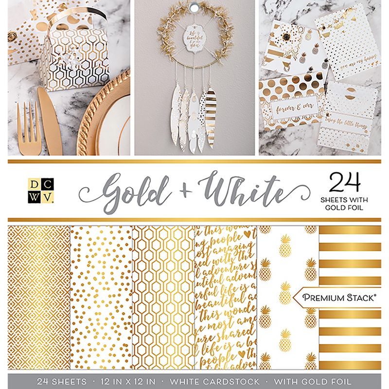 DCWV Single-Sided Cardstock Stack 12"X12" 24/Pkg-Gold & White, 12 Des/2 Each, Half W/Foil