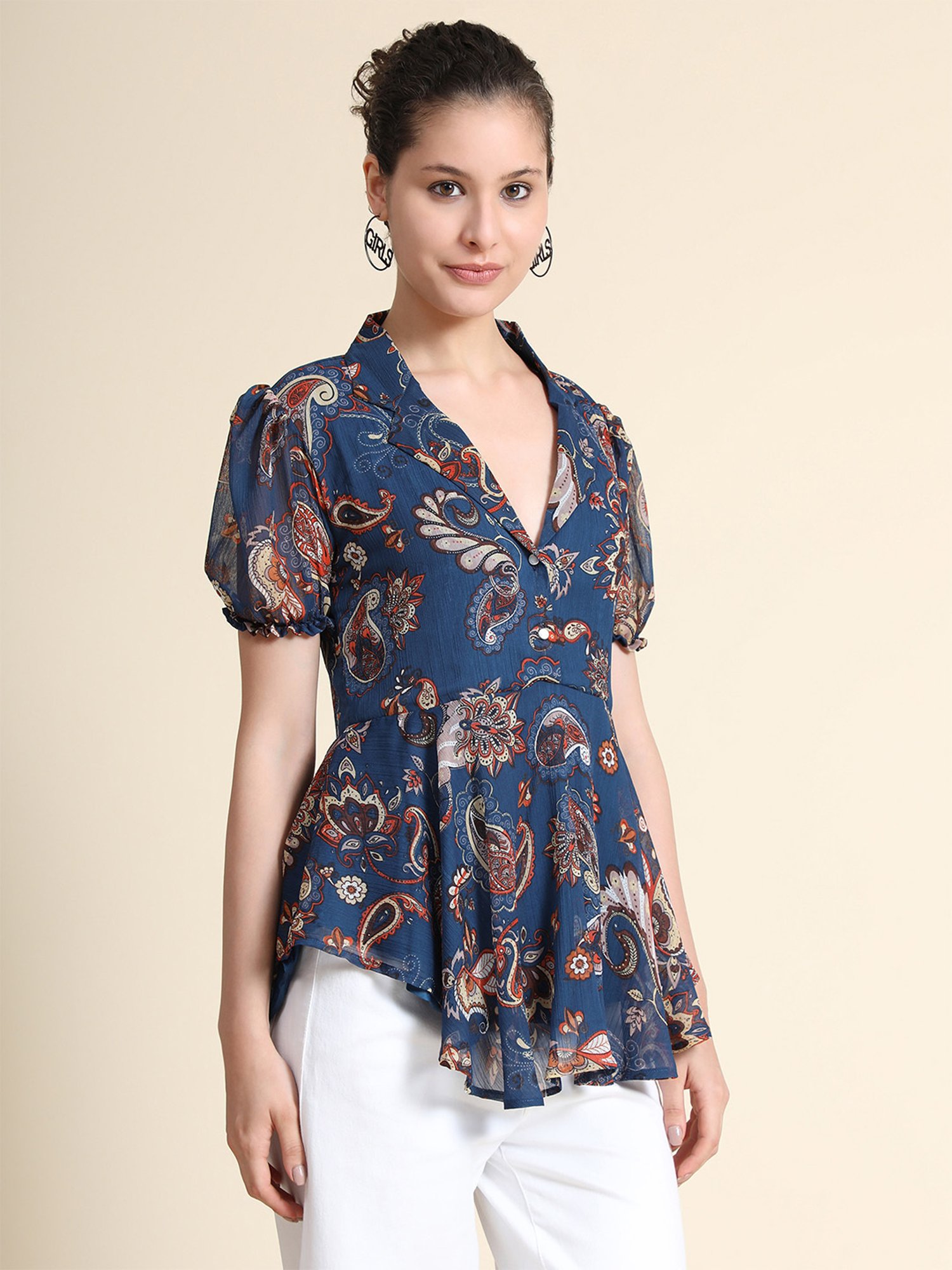 KERI PERRY Navy Printed Top