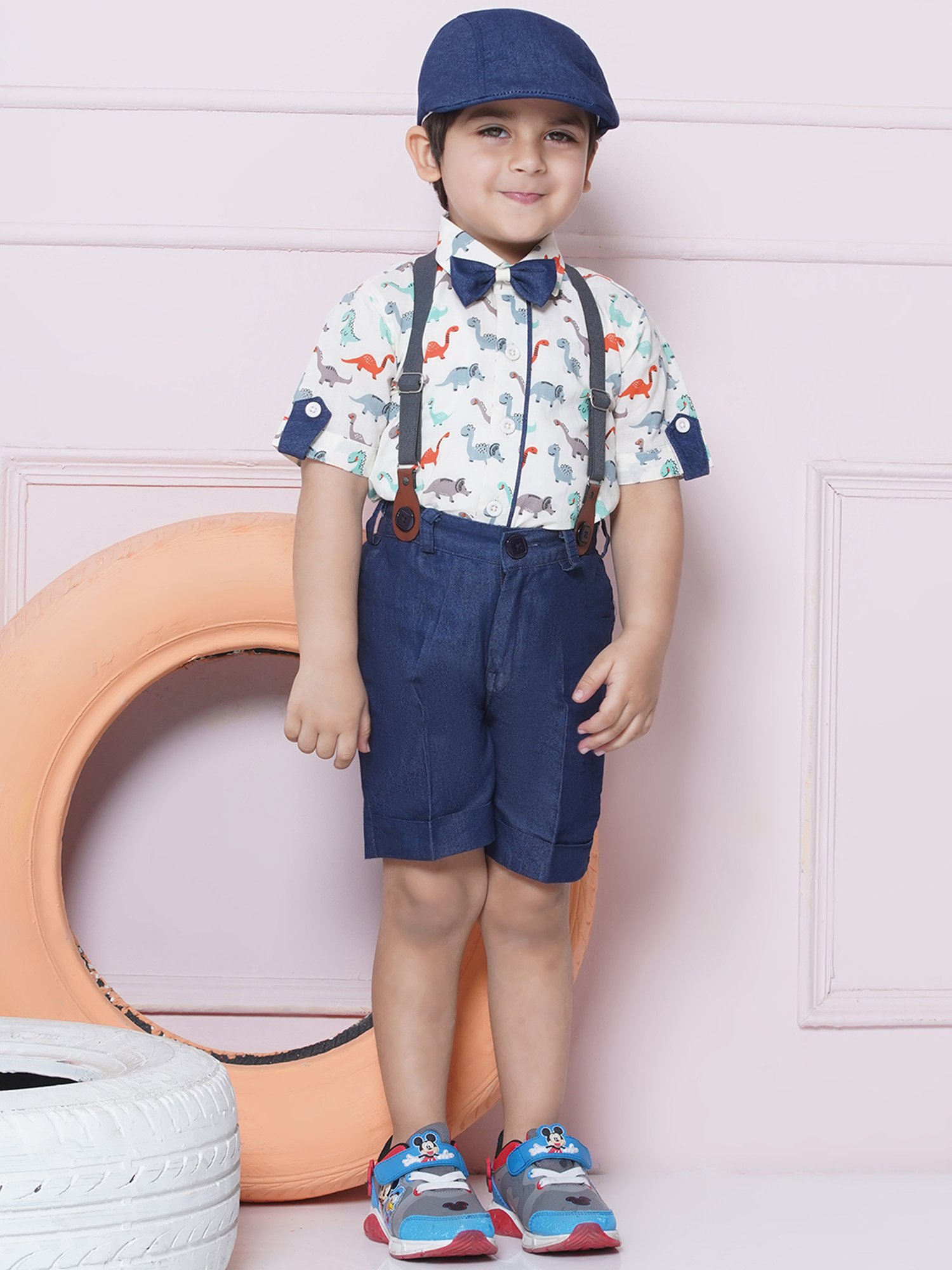 AJ Dezines Kids Orange & Navy Printed Shirt, Shorts, Suspender, Bow with Cap
