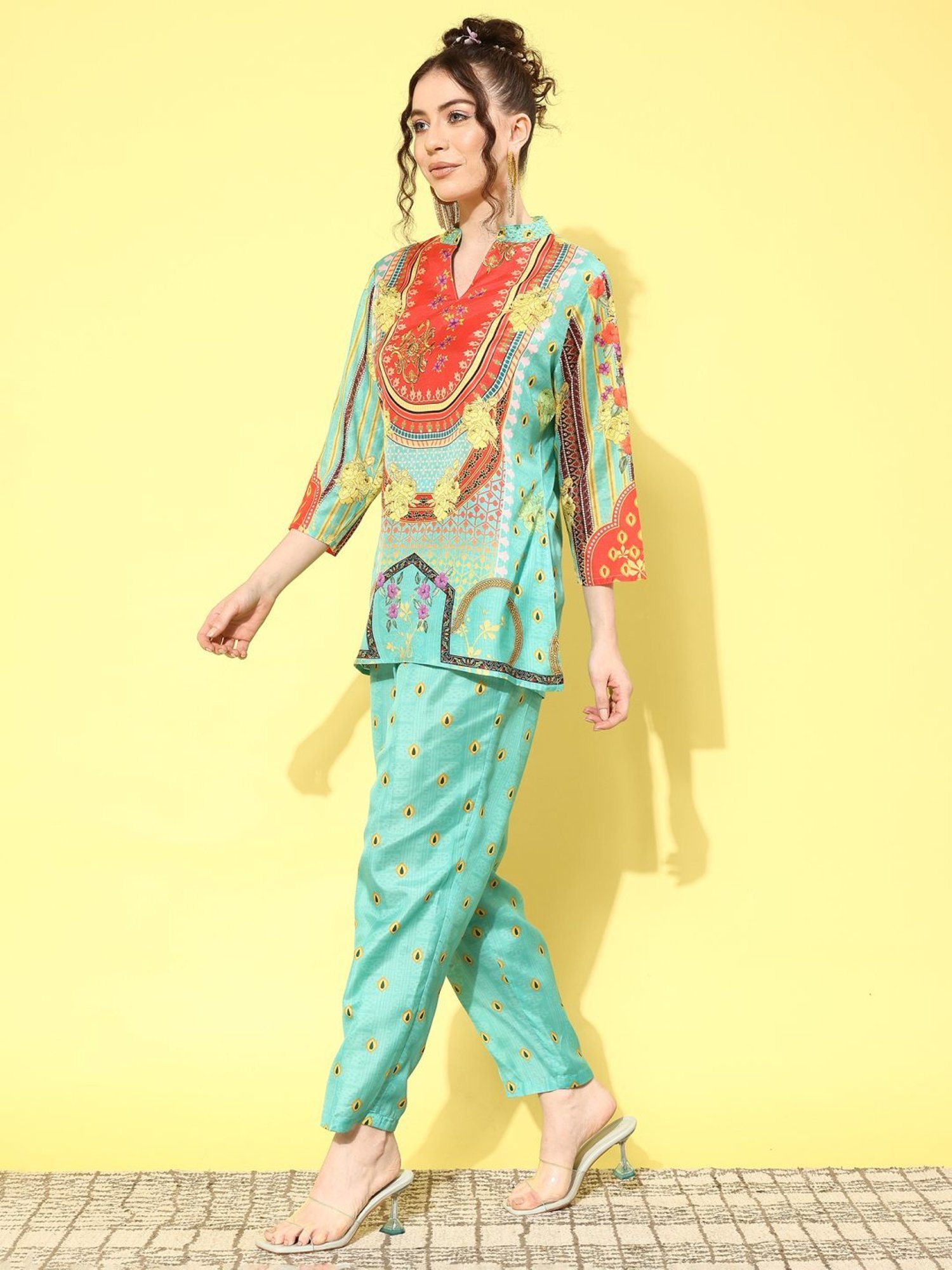 Indo Era Sea Green Floral Print Tunic Pant Set