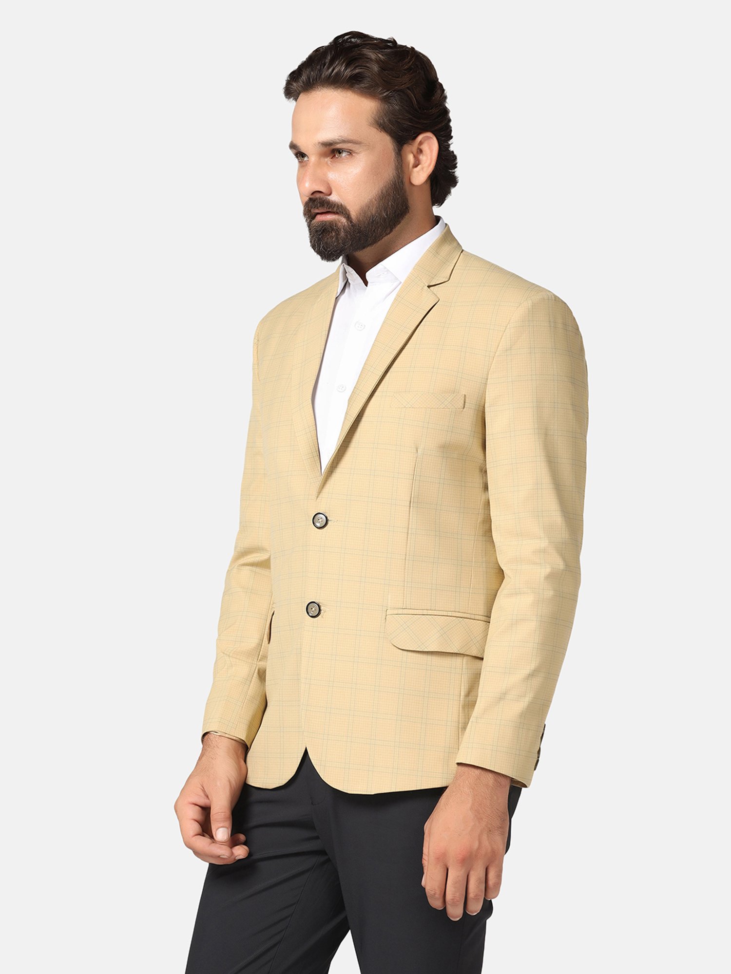 TAHVO Beige Slim Fit Check Notch Lapel Blazer