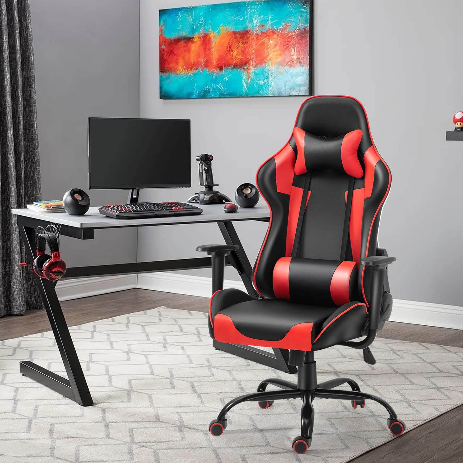 Gaming Chair Racing Gamer Chair Ergonomic Office Chair Home Office Computer Chair High Back PU Leather Chair with Lumbar Cushion and Headrest  Red
