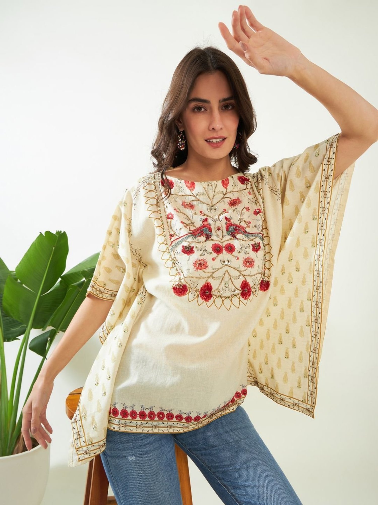 The Kaftan Company Ivory Viscose Embroidery Kaftan