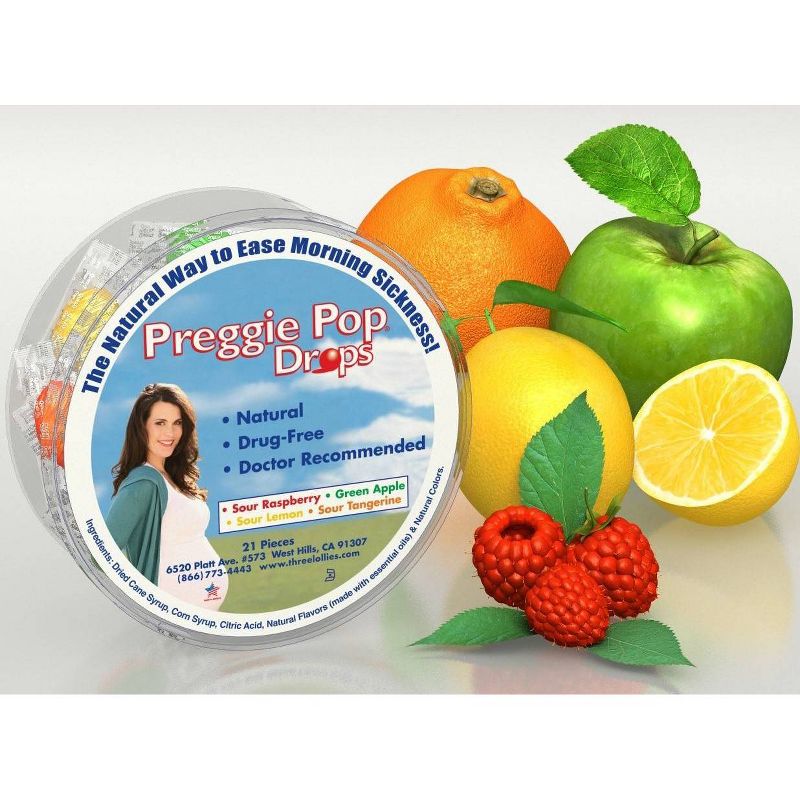 Three Lollies Preggie Pop Morning Sickness Drops - Sour Raspberry, Green Apple, Sour Lemon & Sour Tangerine - 21ct