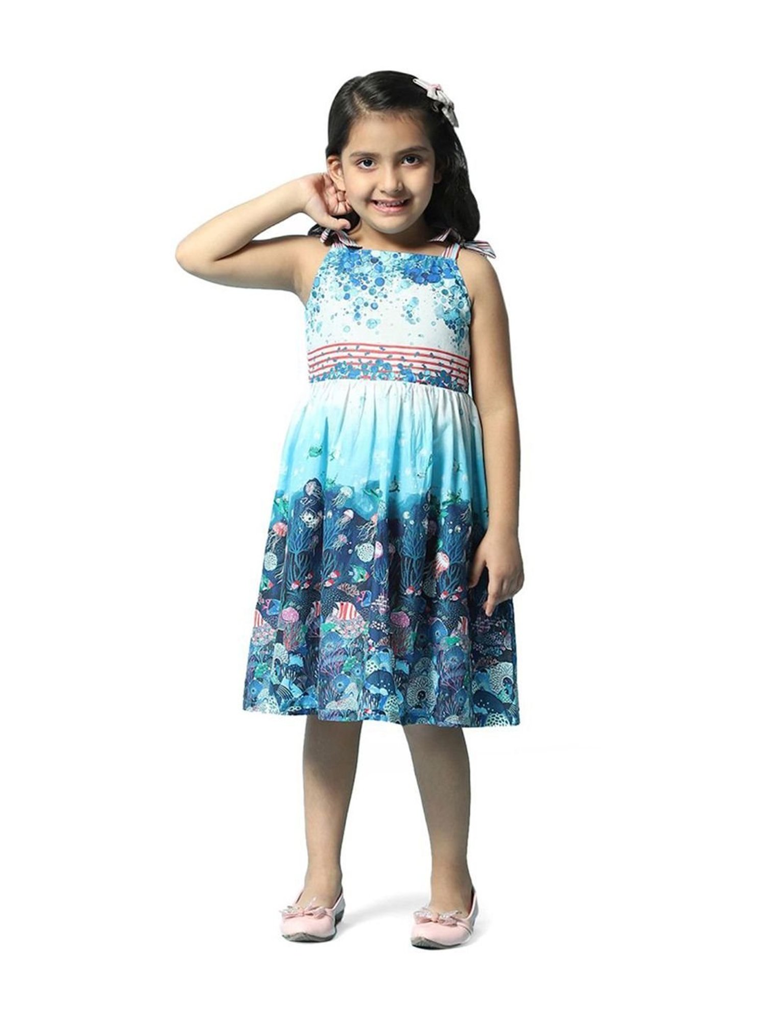 Biba Girls Blue Cotton Printed Dress