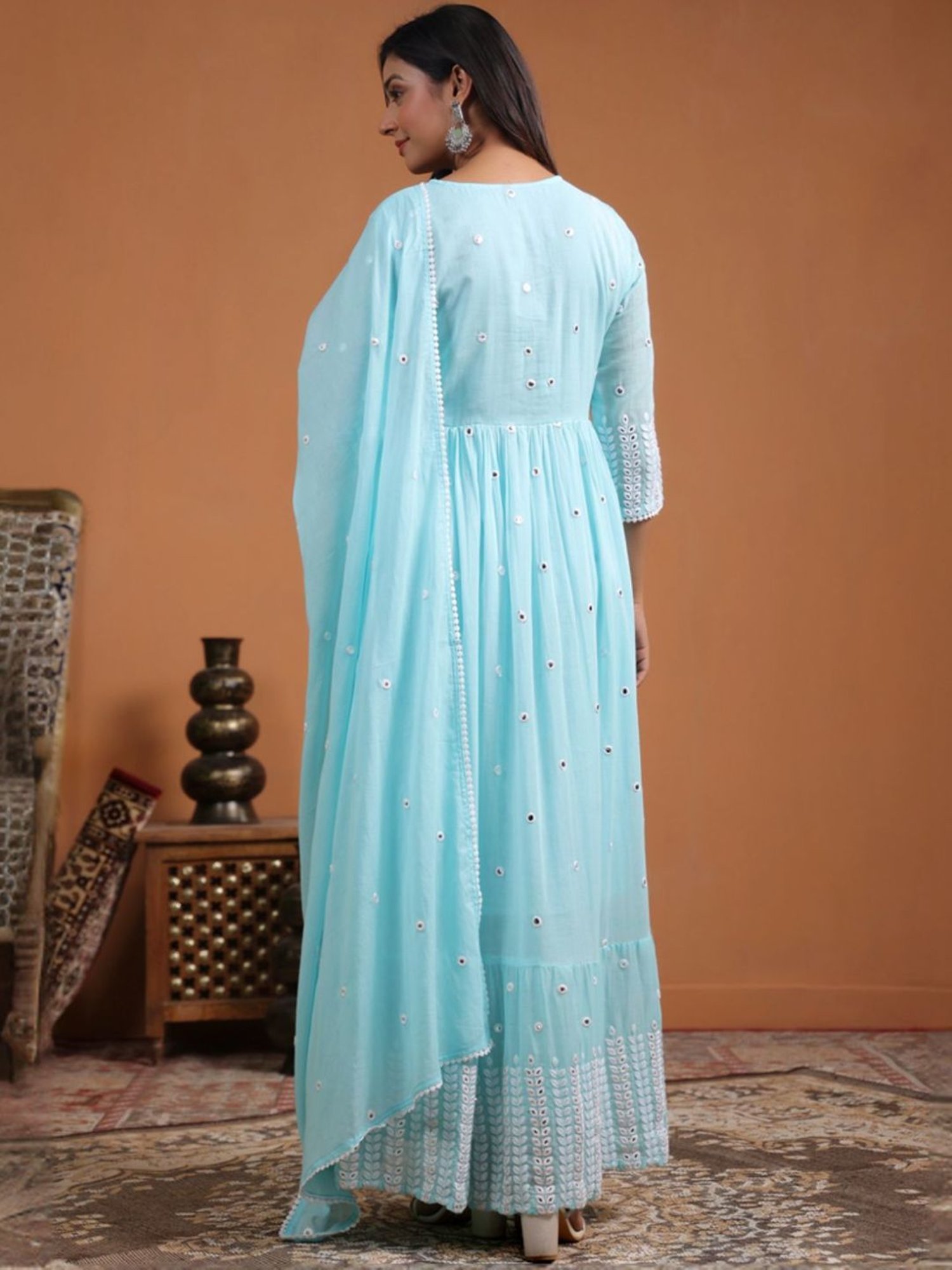 SCAKHI Aqua Blue Mulmul Foilage Mirror Embroidered Angrakha Kurta With Pants And Dupatta