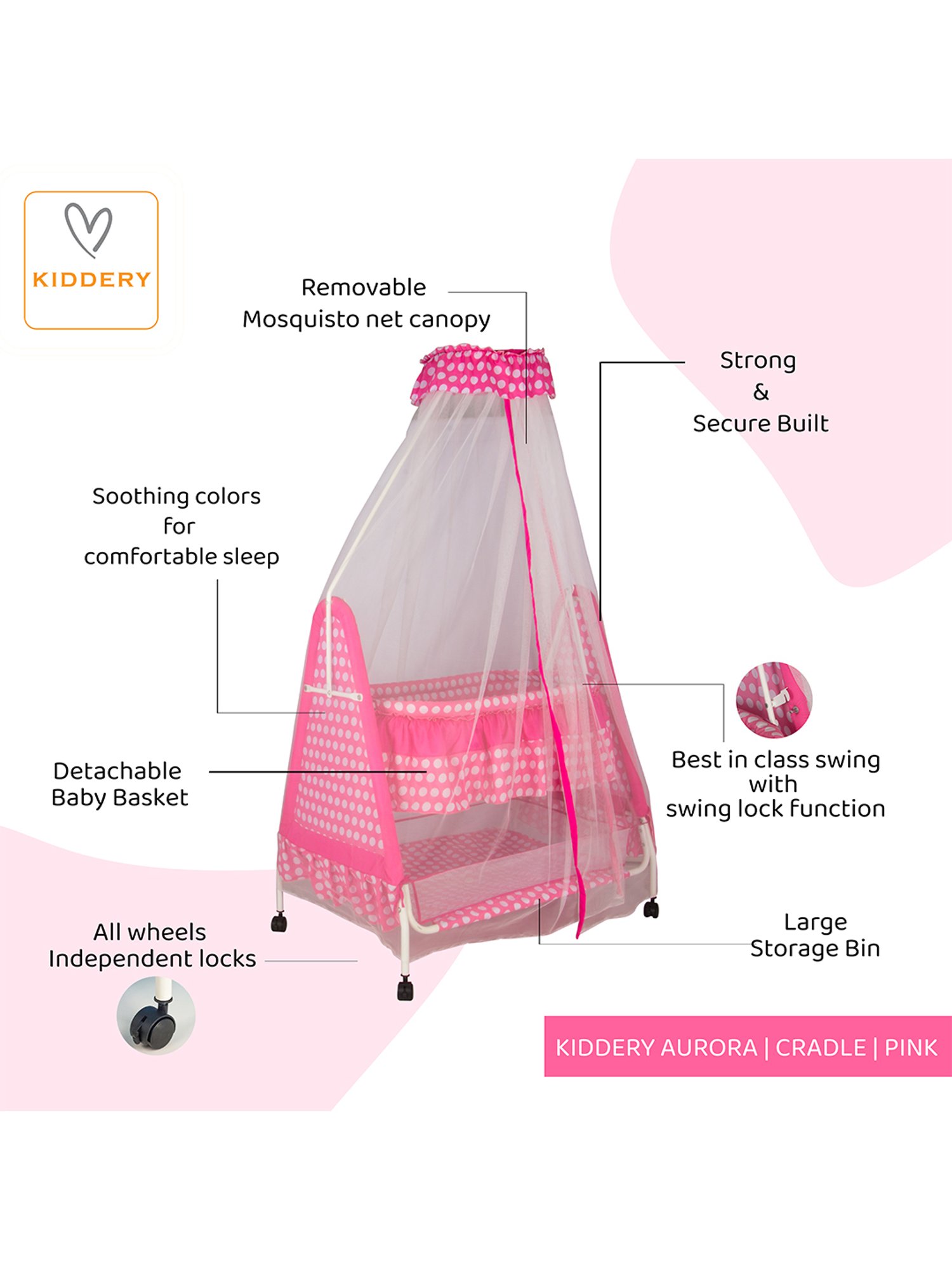 Kiddery Pink Baby Cradle with Mosquito Protection Net (Age 0-8 Months)