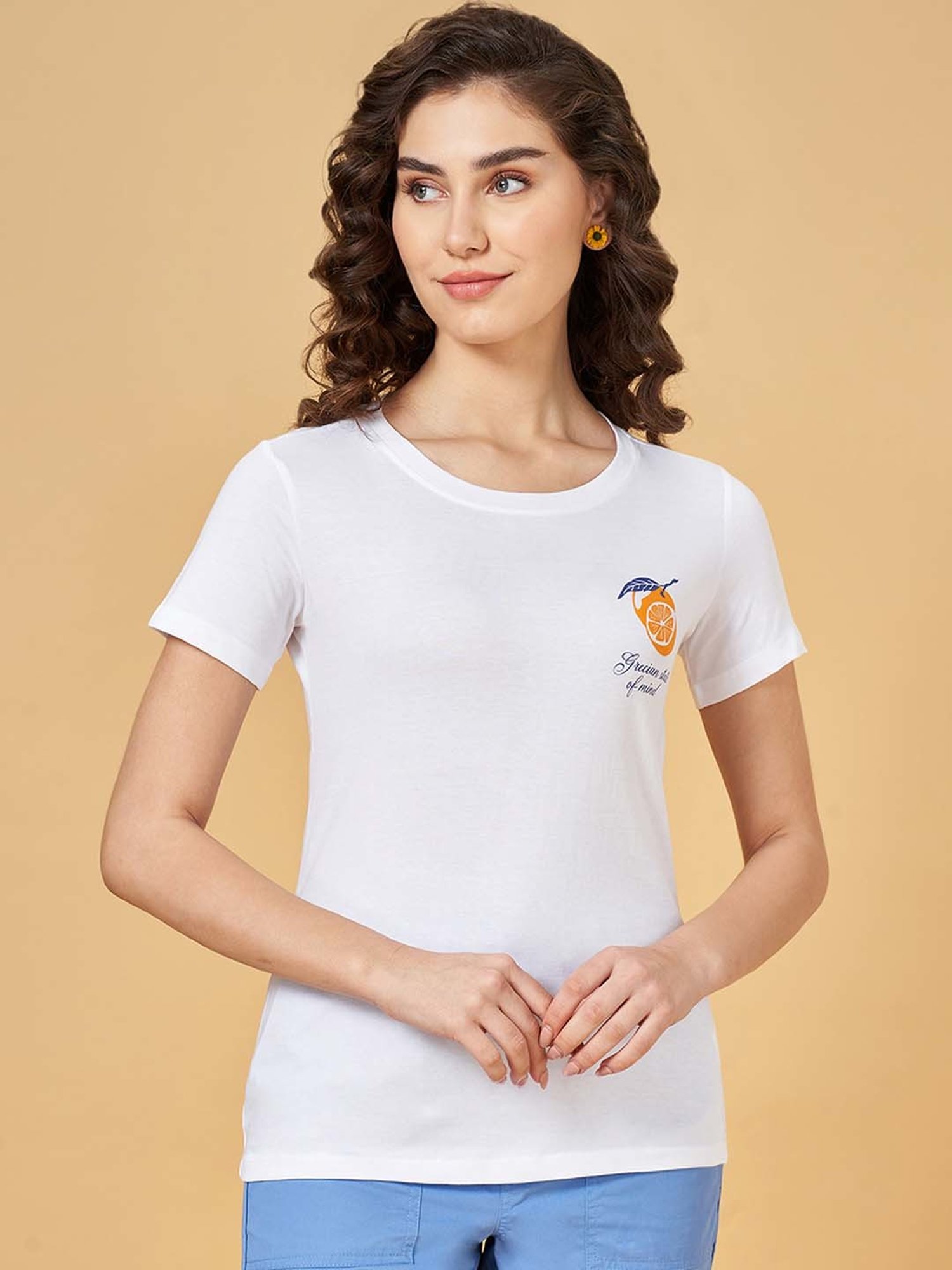 Honey by Pantaloons White Cotton Printed T-Shirt