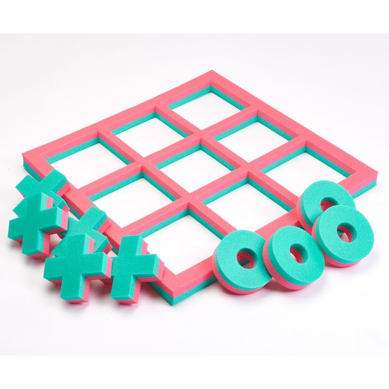 Floatation iQ H2O 3 In A Row Tic Tac Toe Floating Foam Swimming Pool Game Board Mat with 5 X and 4 O Game Pieces, 2x2 Foot Mini, Turquoise/Pink