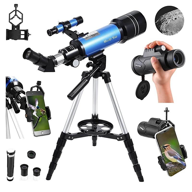 70mm Refractor Telescope with Adjustable Tripod for Kids Adults amp Beginners + Portable 10X42 HD Monocular Bak4 Prism FMC Lens Travel Scope with Backpack and Phone Adapter