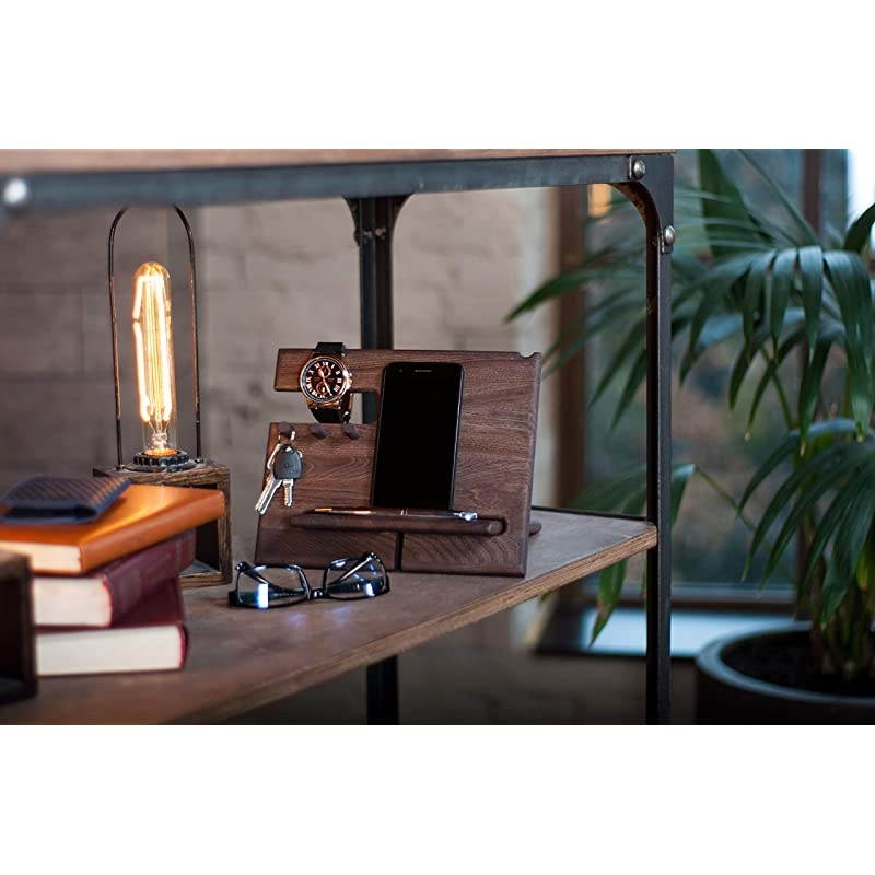 Wood Phone Docking Station Ash Hooks Key Holder Wallet Stand Watch Organizer Men Gift Husband Wife Anniversary Dad Birthday Nightstand Purse Tablet Father Graduation Male
