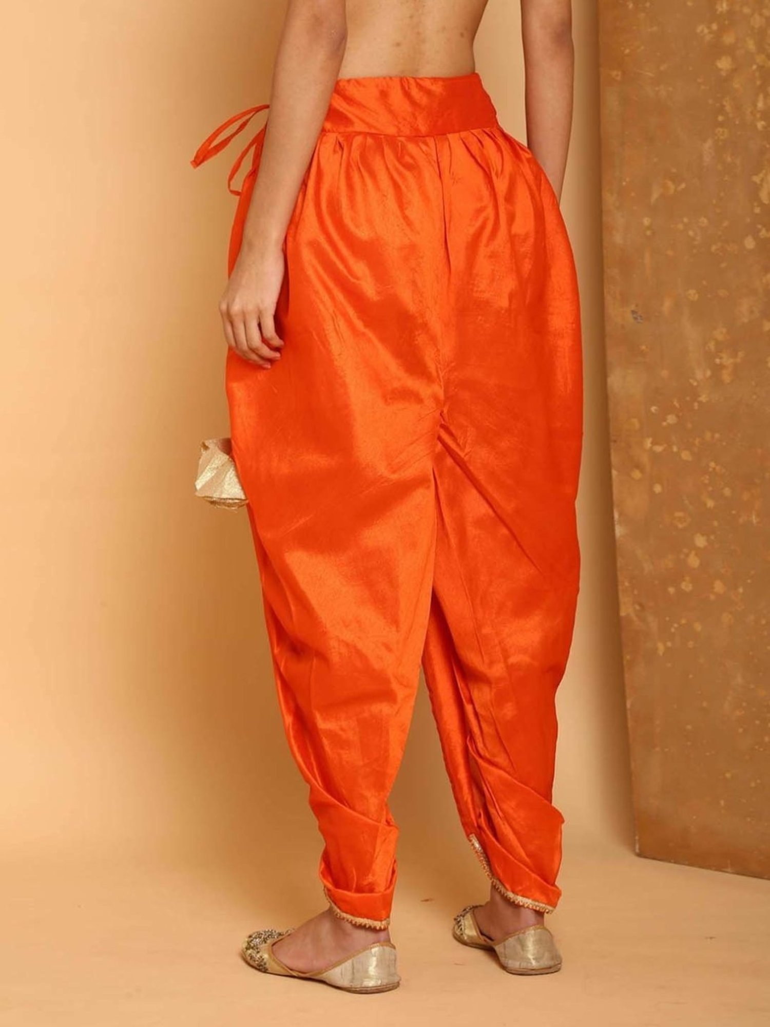 Kaanchie Nanggia Orange Cotton Silk Pleated Dhoti Pants