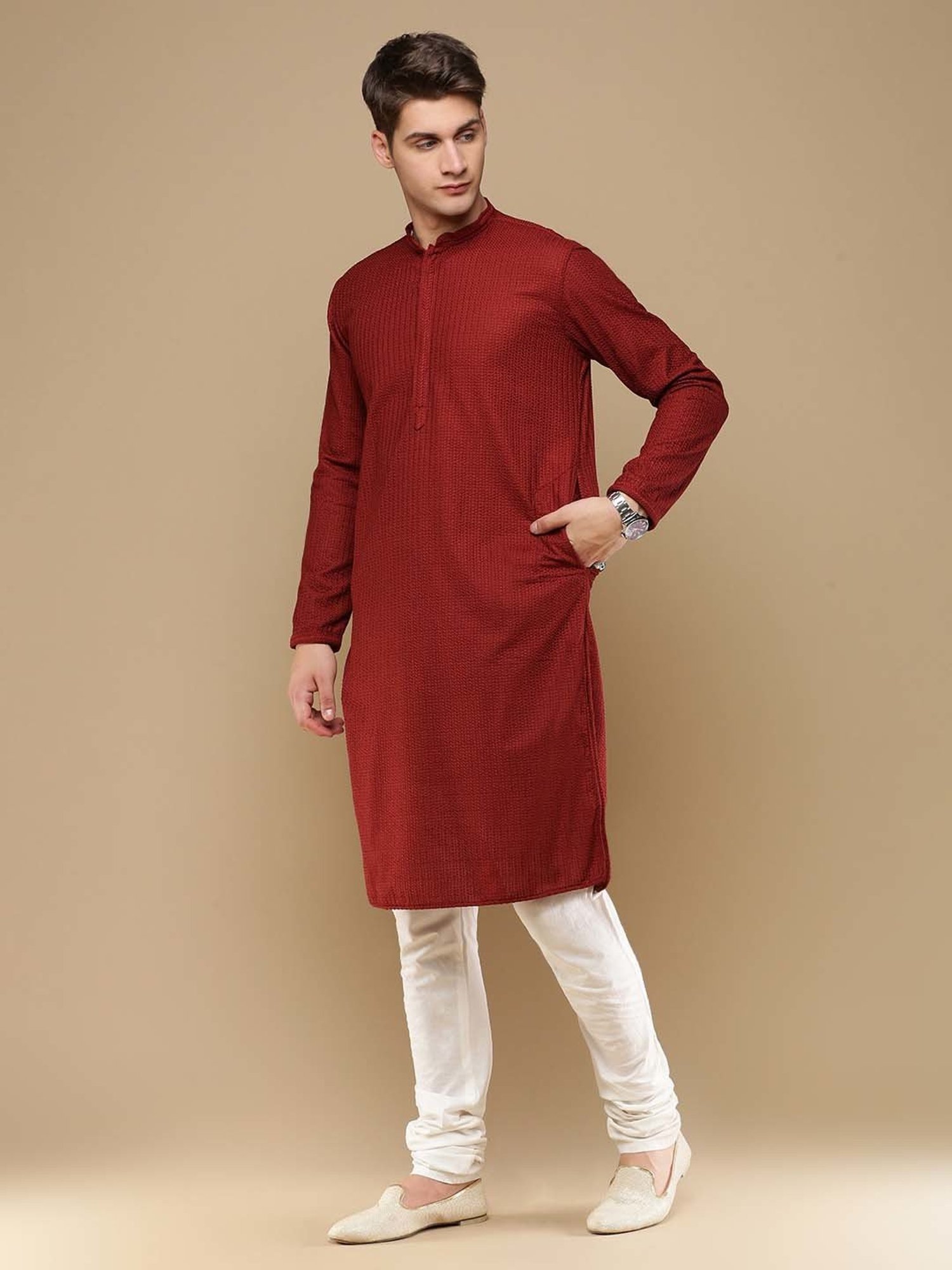 Sanwara Maroon & White Regular Fit Chikankari Kurta & Churidar Set