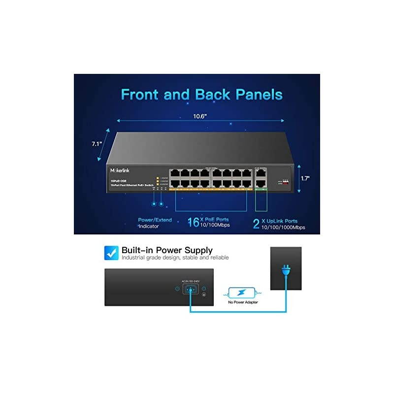 16 Port PoE Switch with 2 Gigabit Uplink Ethernet Port 250W High Power Support IEEE8023afat Rackmount Unmanaged Plug and Play