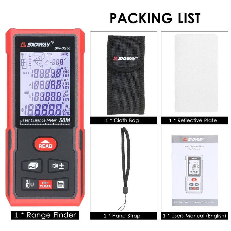 SNDWAY 50M Portable Laser Distance Meter Handheld Digital Laser Rangefinder Intelligent High Precision Infrared Electronic Ruler Laser Ruler Distance Measuring Instrument