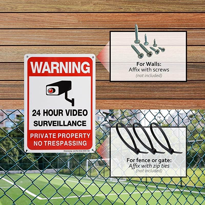 4-Pack Private Property No Trespassing Sign, Video Surveillance Signs Outdoor, UV Printed .040 Mil Rust Free Aluminum 10 x 7 in, Security Camera Sign for Home, Business, Driveway Alert, CCTV