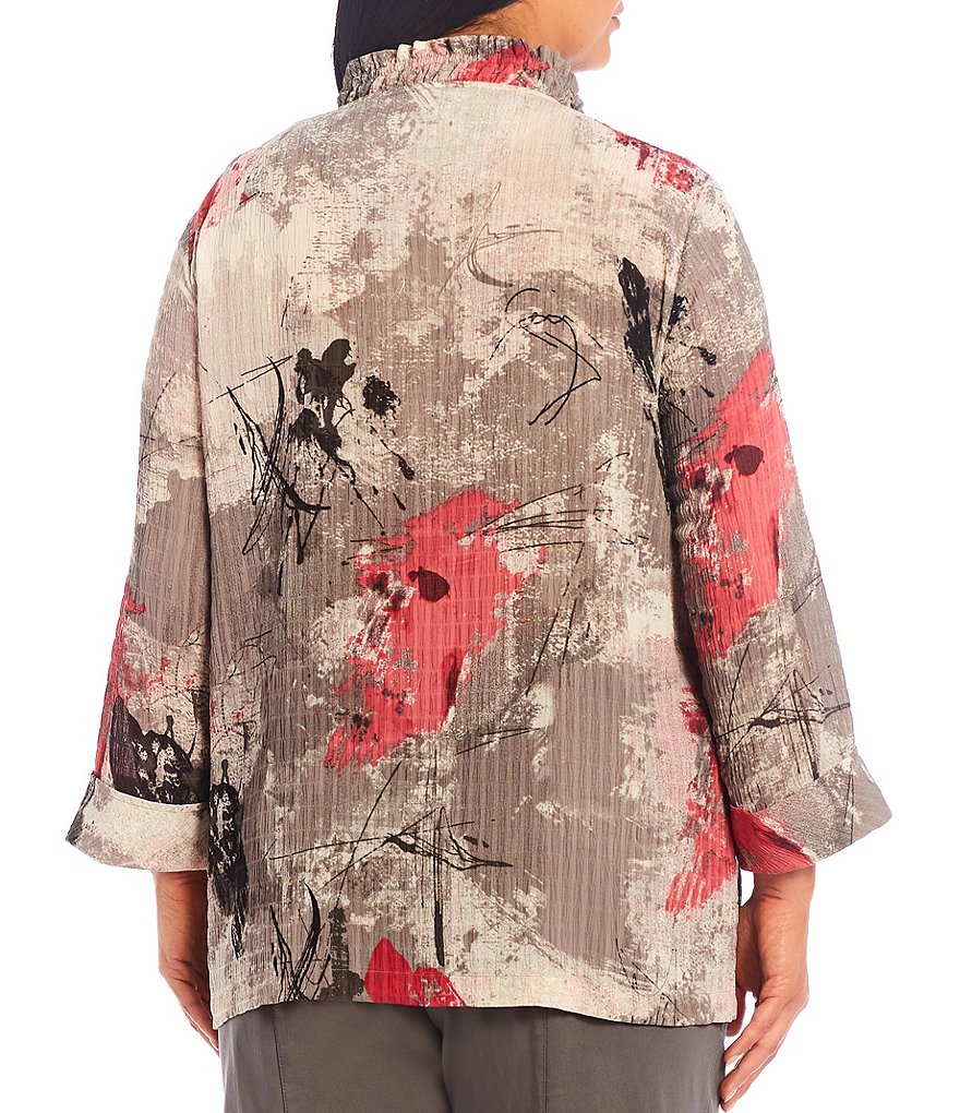 Multiples Plus Size Abstract Print Crinkle Box Woven Shirred Stand Collar Turn-Up Cuff 3/4 Sleeve Button Front Jacket