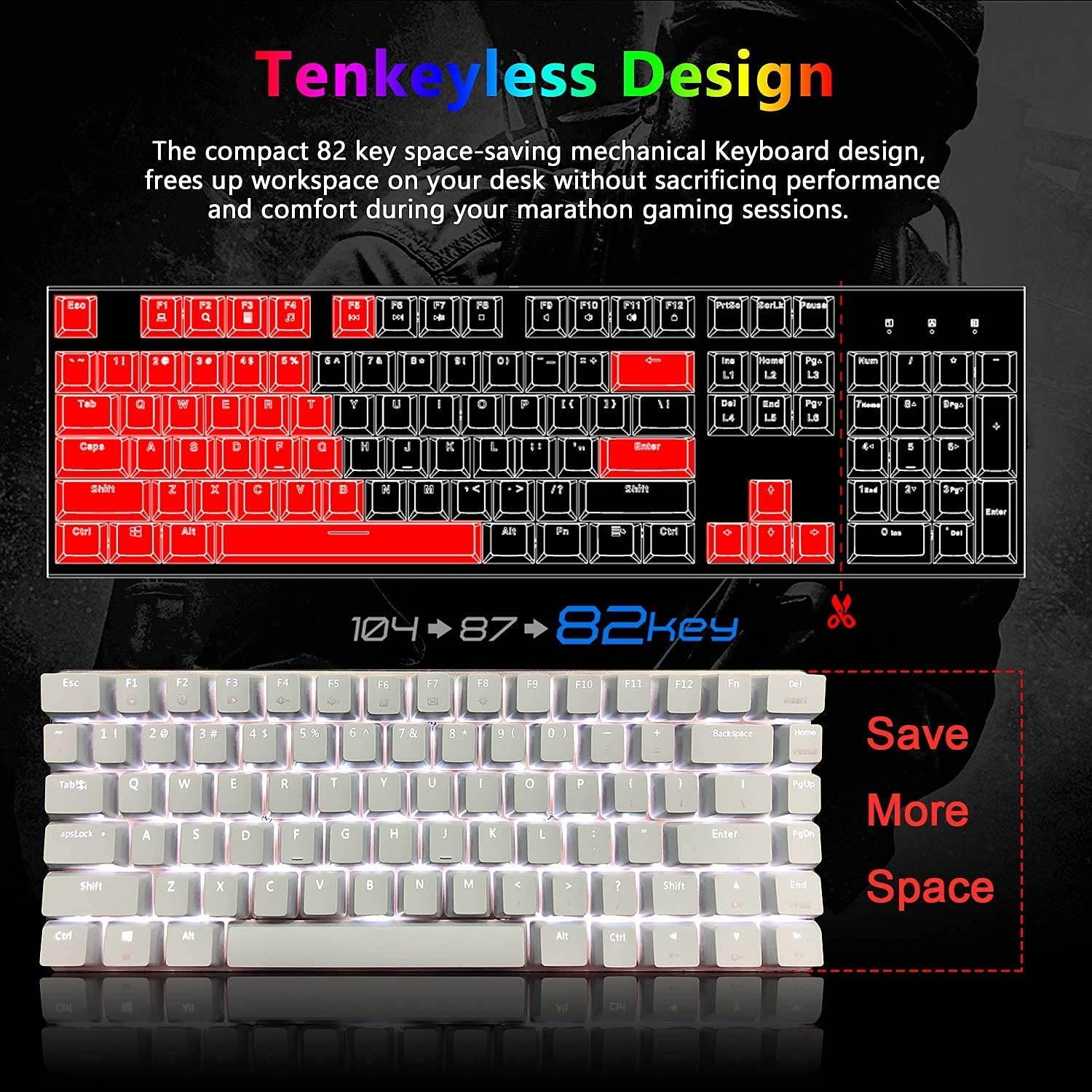 AK33 Wired Mechanical Gaming Keyboard, Rainbow LED Backlit USB Wired 82 Keys E-Sport Gamer Computer Keypad with Anti-ghosting Keys for Playing Games and Office Typists