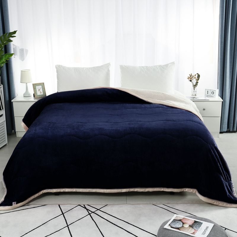 1 Pc Queen Faux Fur Lambswool Reversible Plaid Pattern Bed Blankets Purple  - PiccoCasa