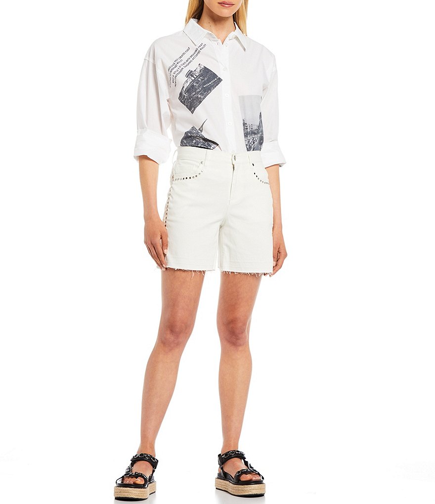 KARL LAGERFELD PARIS Parisian Photograph Point Collar Neck Long Sleeve Button Front Blouse