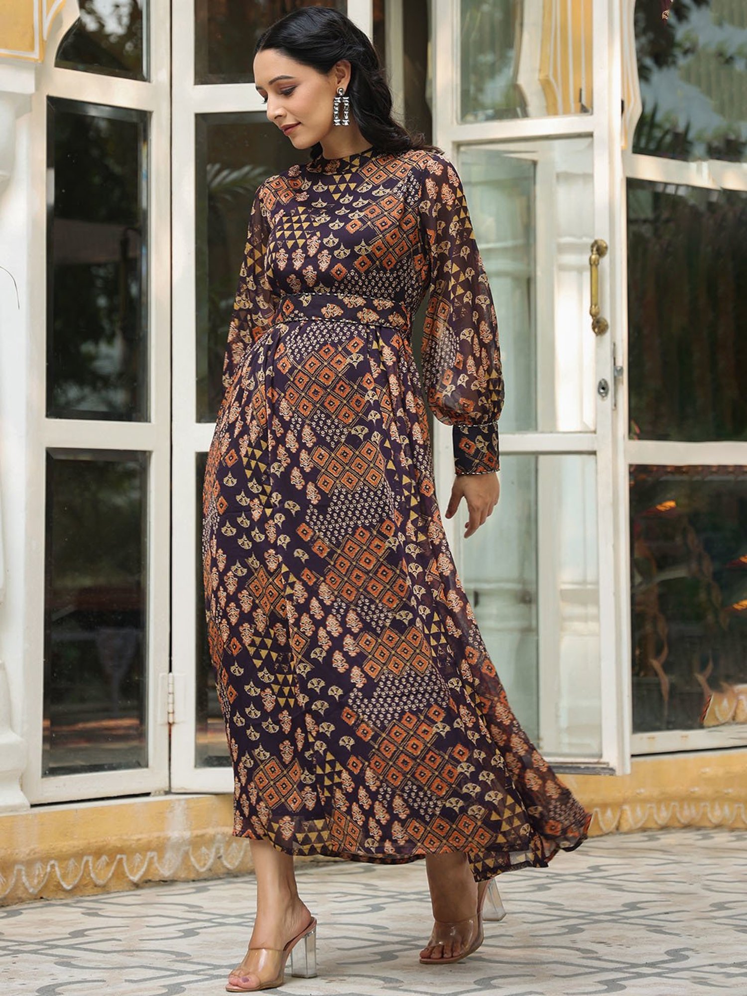 Juniper Black Ethnic Motif Printed Chiffon Flared Maxi Dress With Buttons